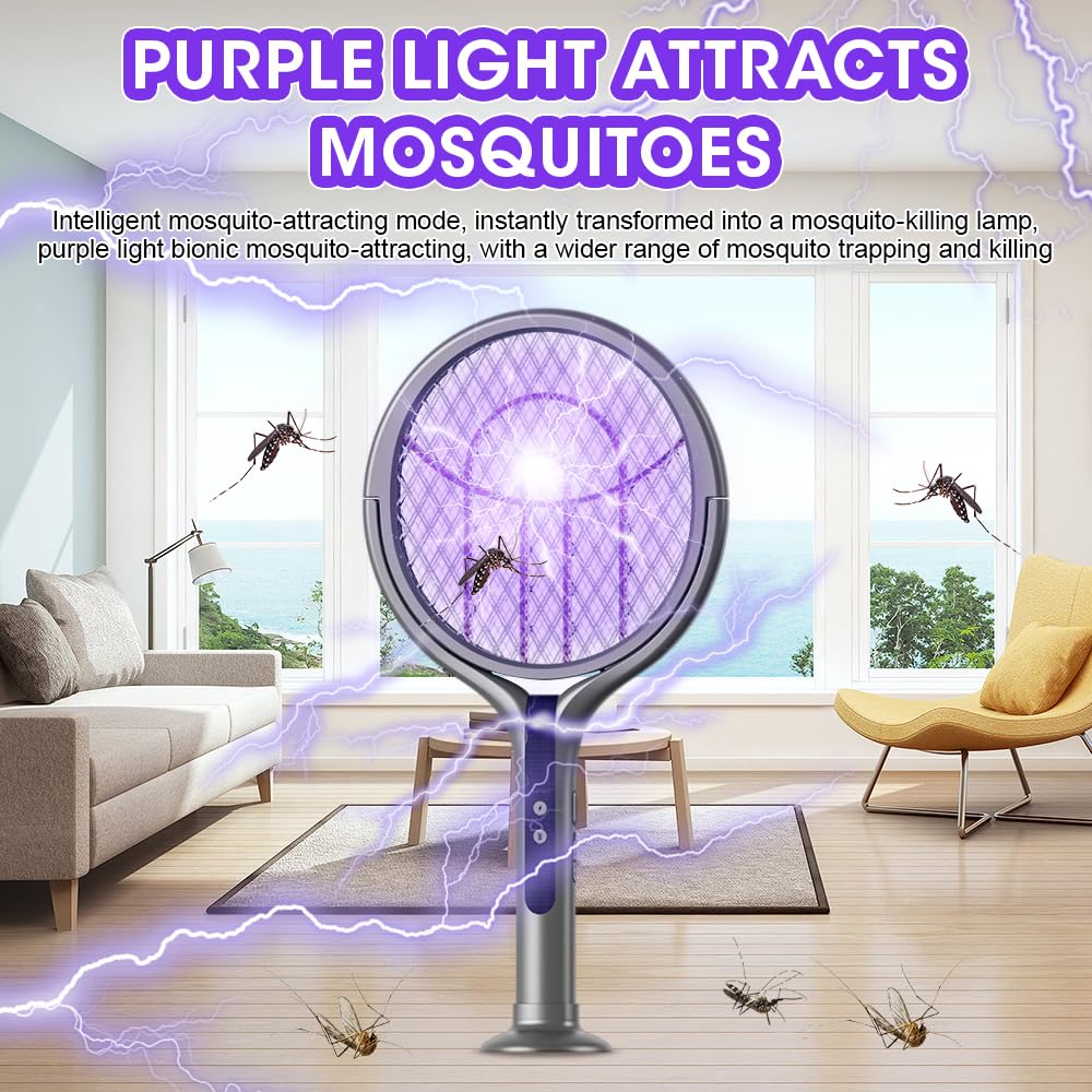 Tapette à Mouches électrique Rechargeable à tête Rotative, Tapette à Mouches électrique avec Tige d'extension Télescopique, Extra Puissante 2800 V avec Piège à Lumière UV pour l'intérieur