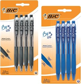 Bic Bu3 Grip 1.0 Blue & Black Retractable Ball Pen 4 Pack Stationery (Total 8 Pens) Medium 1.0mm BallPoint - Smooth Writing Pens
