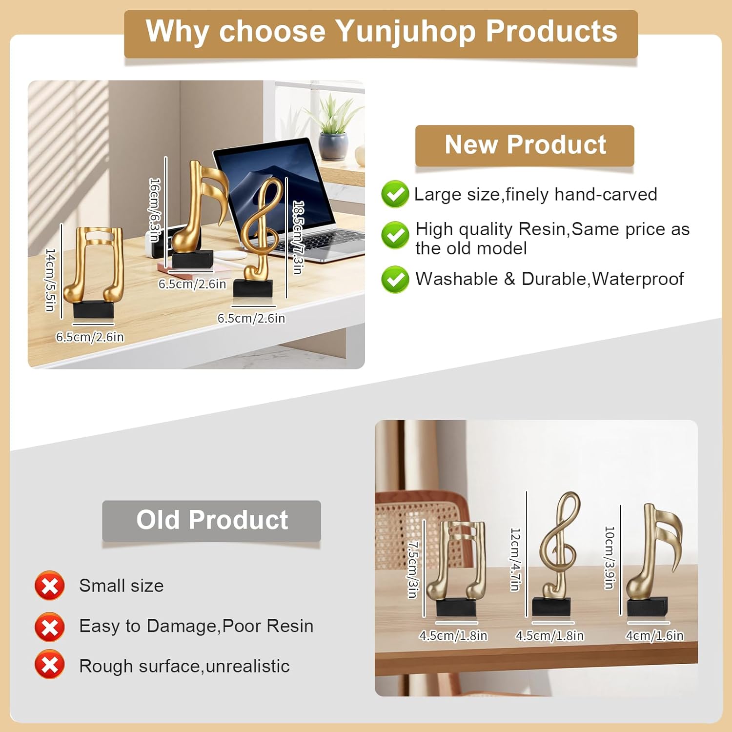 3 Pcs Music Note Sculptures,Handmade Modern Musical Decoration Table Centerpiece Statue for Piano Bookshelf Bathroom Music Room Coffee Table (Gold)