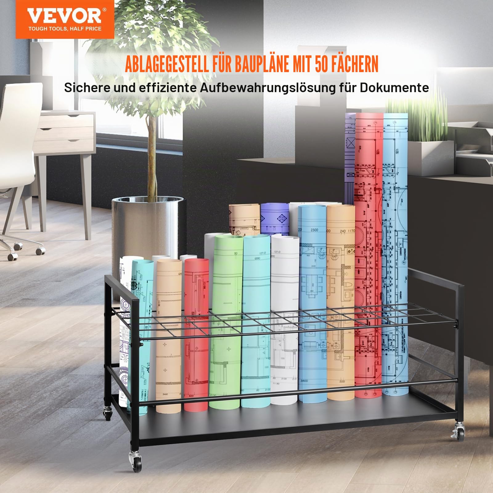 VEVOR Blaupausen Aufbewahrungsregal, Blaupausenhalter mit 50 Fächern und Rädern, Blaupausen Aufbewahrungswagen aus Metall für Karten, Poster, Architektur, Rollordnerhalter für Büro, Schule, Studios