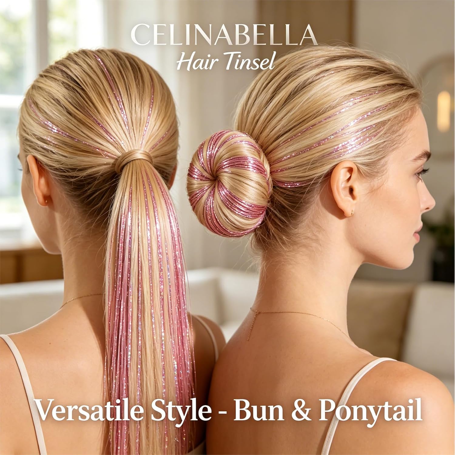 Celinabella Pink Glitter Clip-in Hair Tinsel 6PCs 23In Heat Safe Birthday