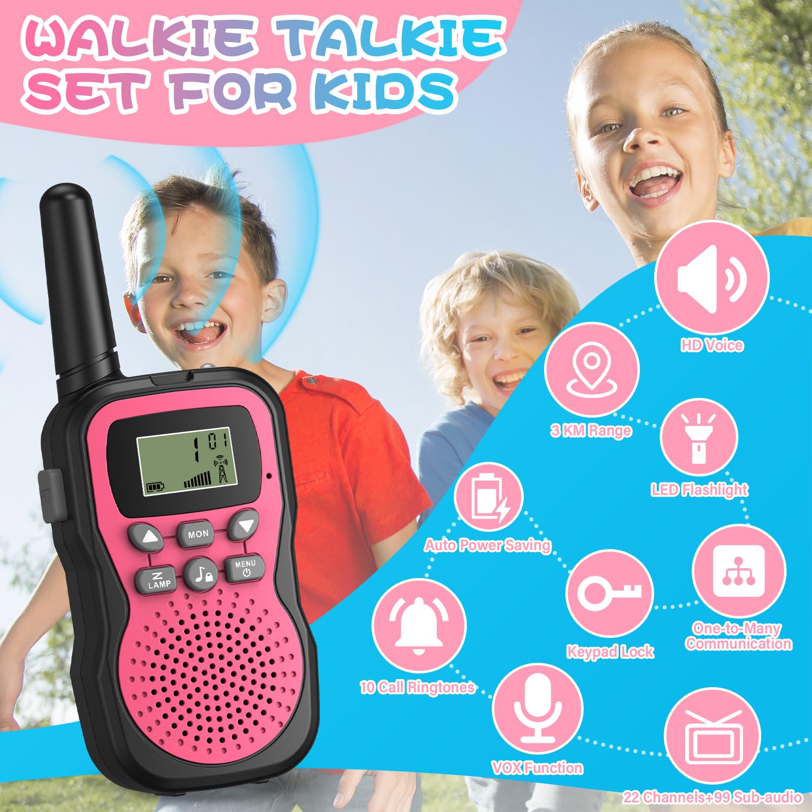 Walkie Talkie Bambini 3 Pezzi, Apkezel Walkie Talkie Bambini Ricaricabili con Batteria da 1000 mAh, Große Reichweite 3km Woki Toki Bambina con Torcia VOX per Esterni, Campeggio, Escursionismo