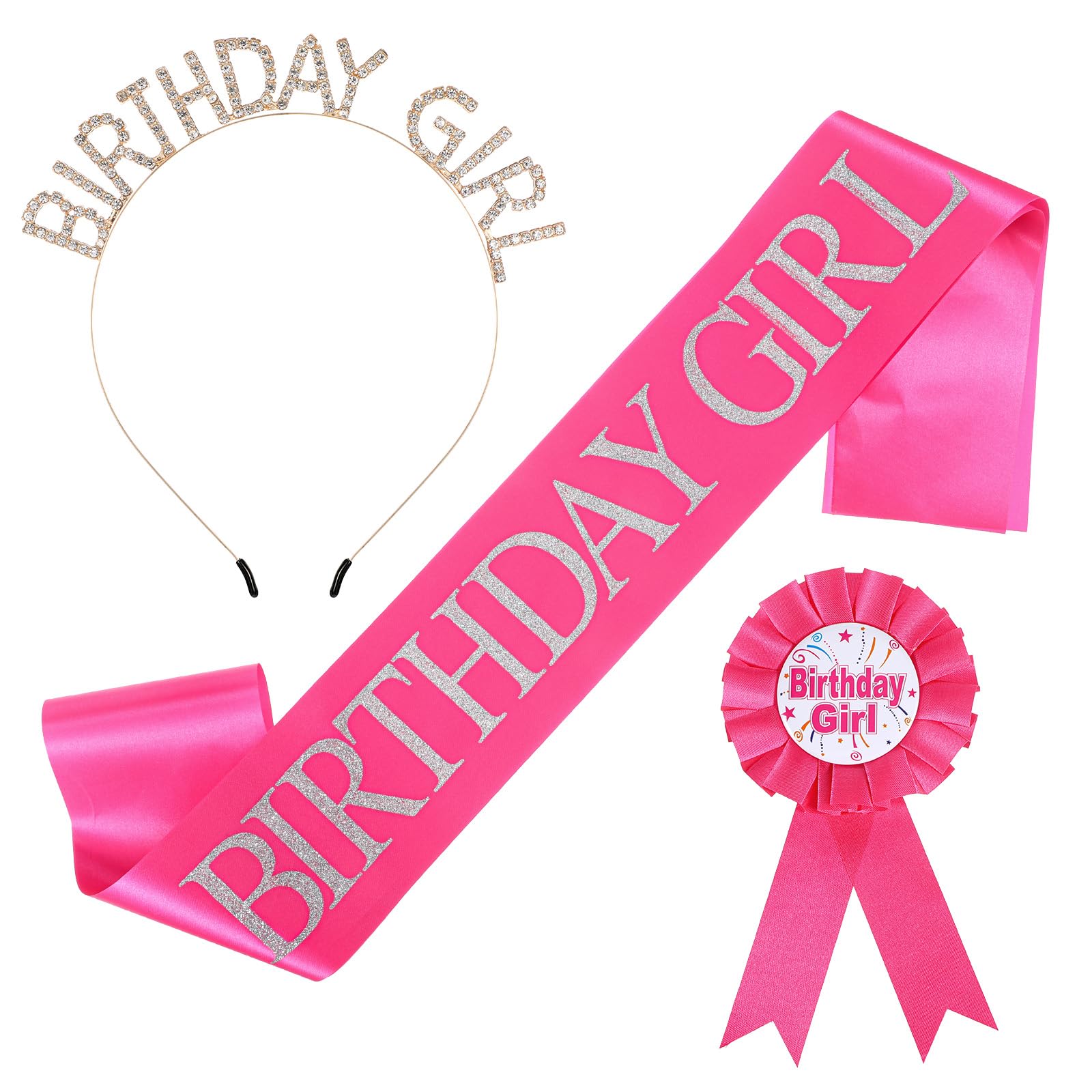 Muiltvoe Birthday Girls Decorations Set - Birthday Girl Sash Badge Headband, Rose Red Princess Party Accessories