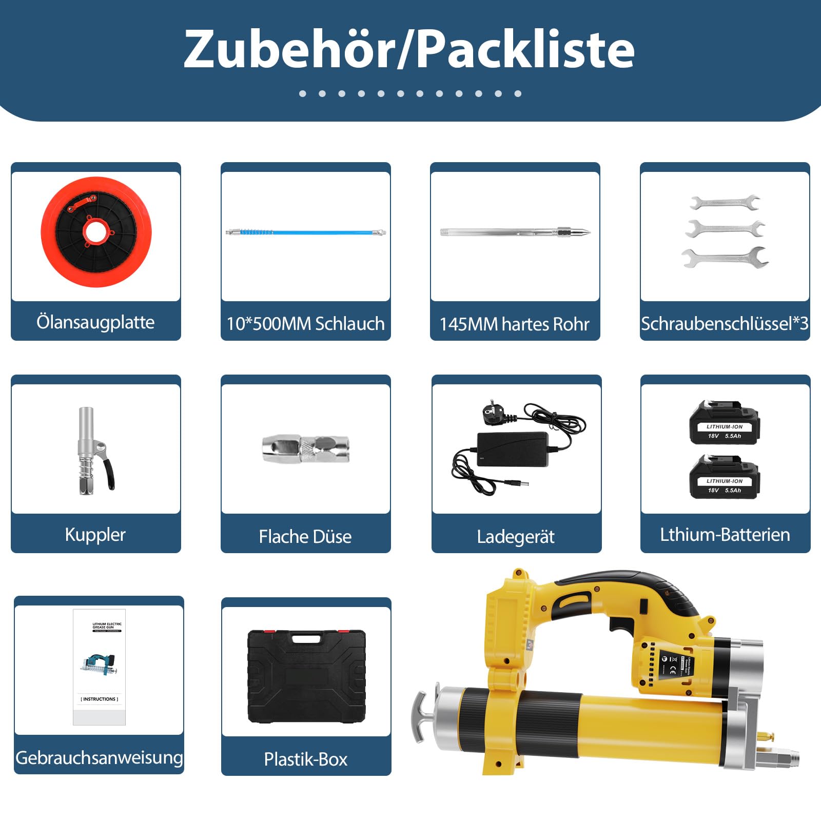 18V Akku-Fettpresse, Elektrische Fettpresse Kit mit 2 Batterien und Ladegerät, 8000 PSI Bürstenloser Motor, 18V 5500mAh Li-Ion Akku Fettpresse von Fahrzeugen und Maschine