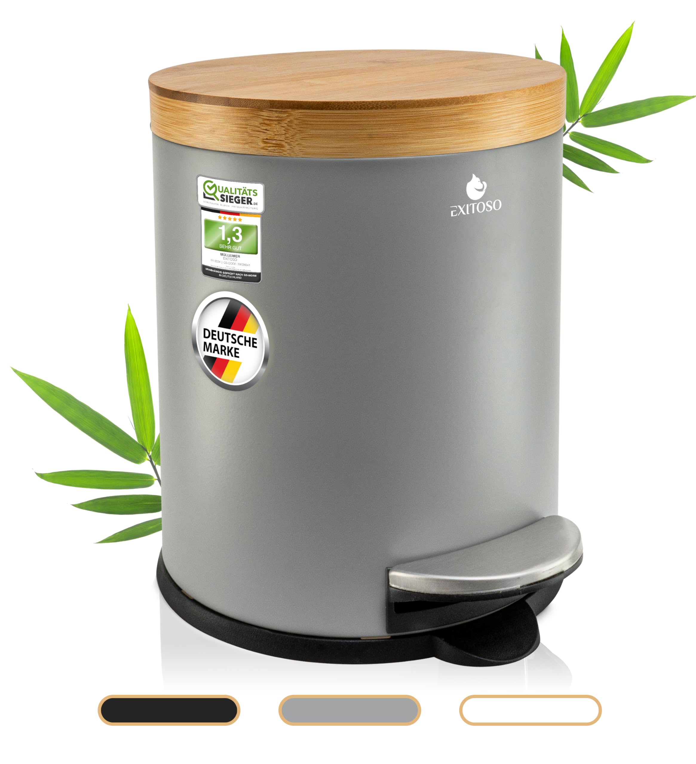Exitoso 5L Mlleimer Bad Grau - Kosmetikeimer mit Bambus-Holzdeckel und  Absenkautomatik - mit Rutschfest Pad - Tretmlleimer Bad aus Edelstahl - ...