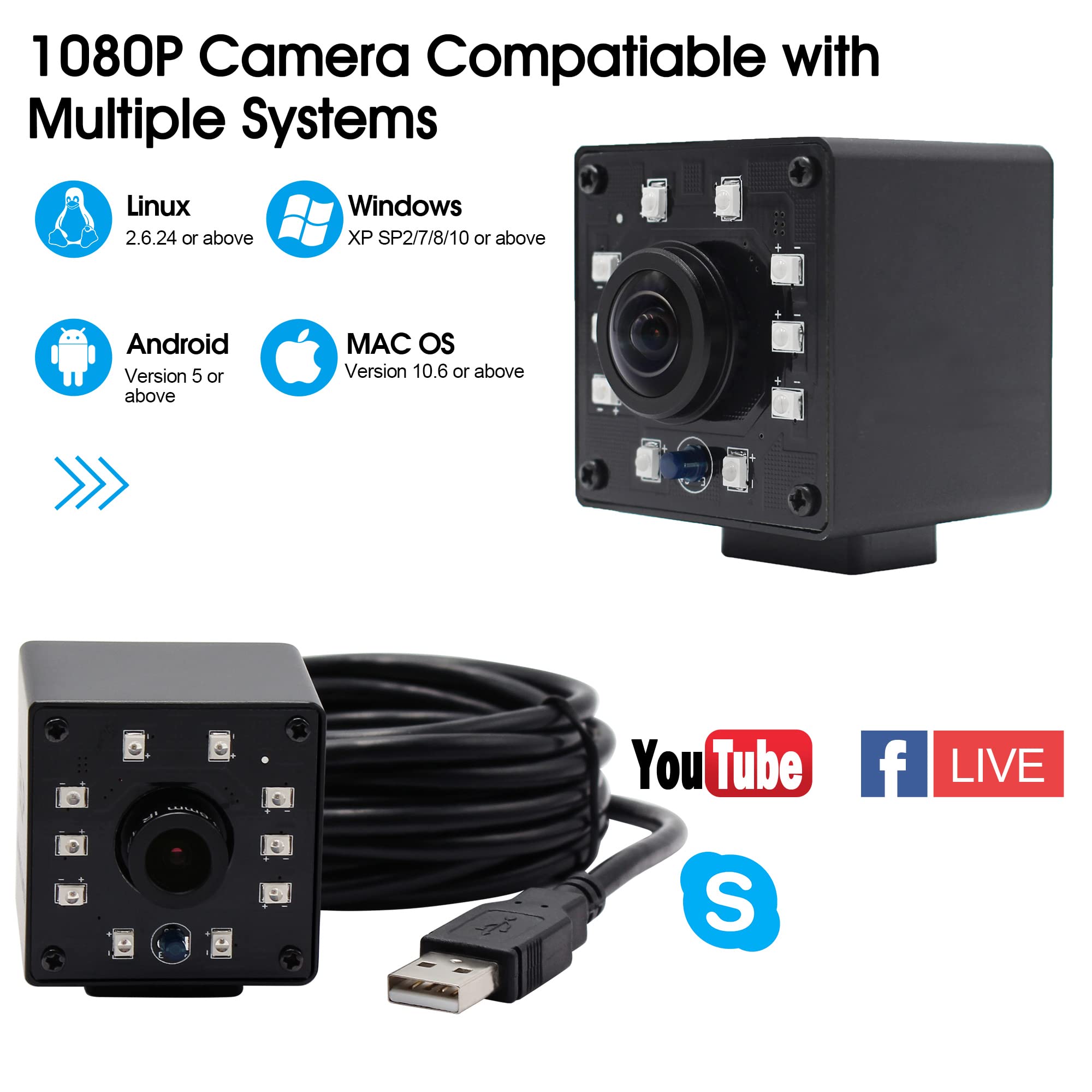 Svpro 1080P Visión Nocturna Ojo de Pez USB Cámara CMOS OV2710 IR LED Infrarrojo Webcam con Corte IR HD Cámara de Vigilancia