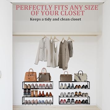 2 Pack Expandable Wall Mounted Shoe Rack, 17-31 Adjustable Hanging Shoe Rack Holds 16 Pairs, Heavy Duty Metal Shoe Holder with 4 Storage Hooks, Space Saving for Entryway Closet Doorway(Black