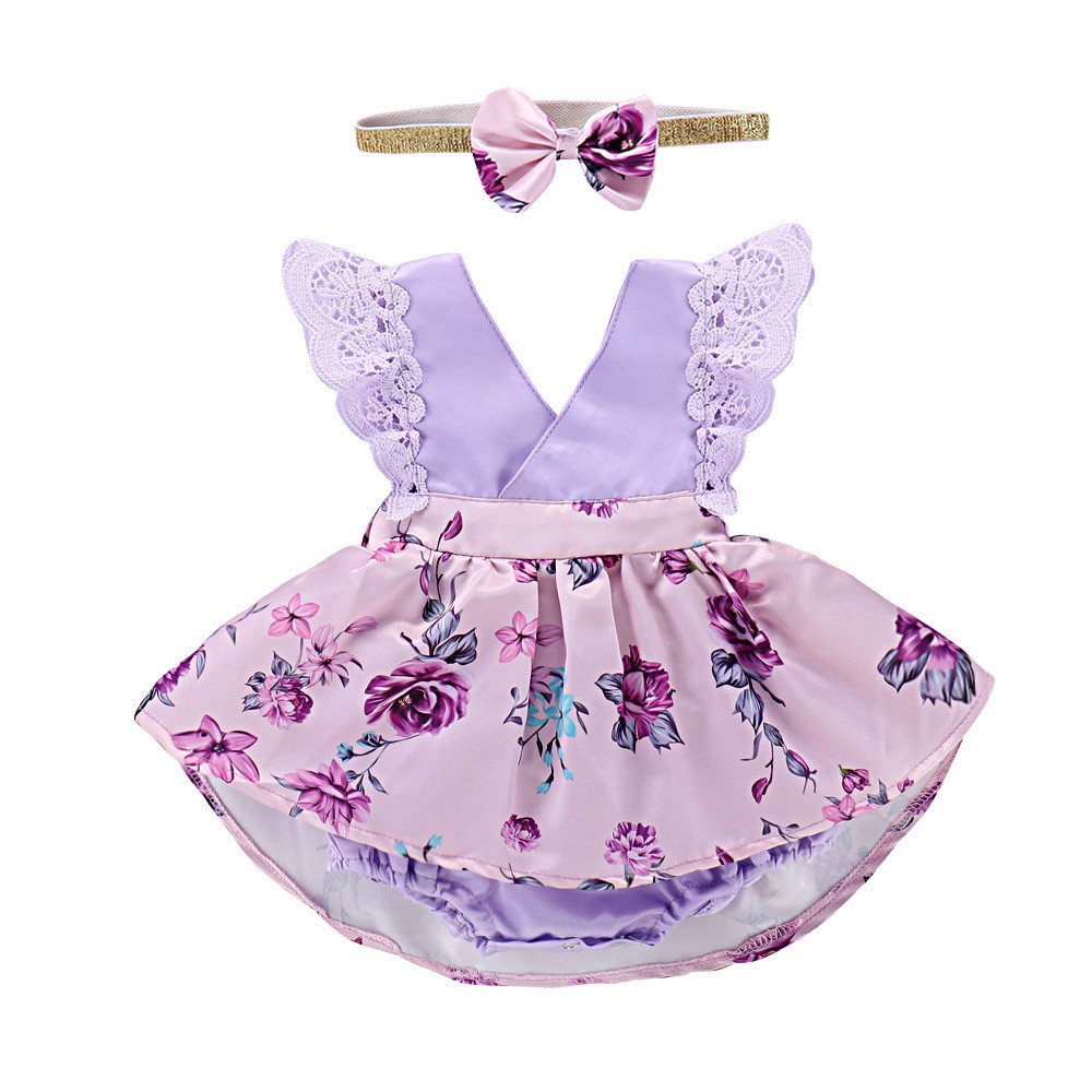Candyly Kids Clothes,Toddler Baby Sleeveless Lace Ruched Romper Dresses Jumpsuit Headband Floral Outfits