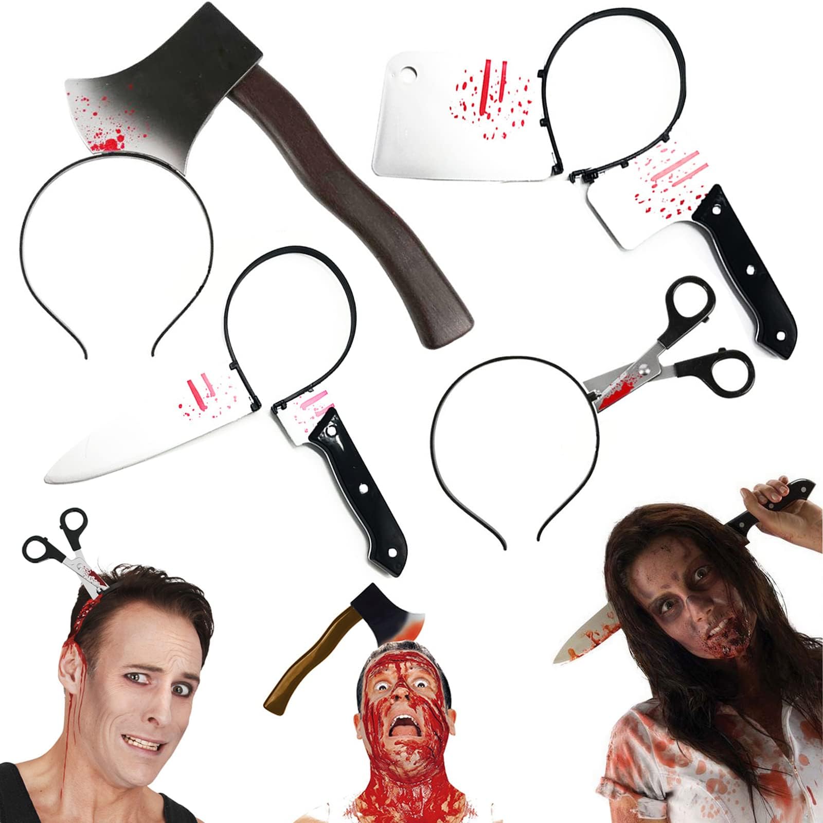 BIGTHREE Halloween Knife Headband, Creepy Halloween Plastic Headband, Halloween Party Cosplay Props, Plastic Knife, Axe, Machete and Scissor Scary Accessories for Zombie Masquerade Party