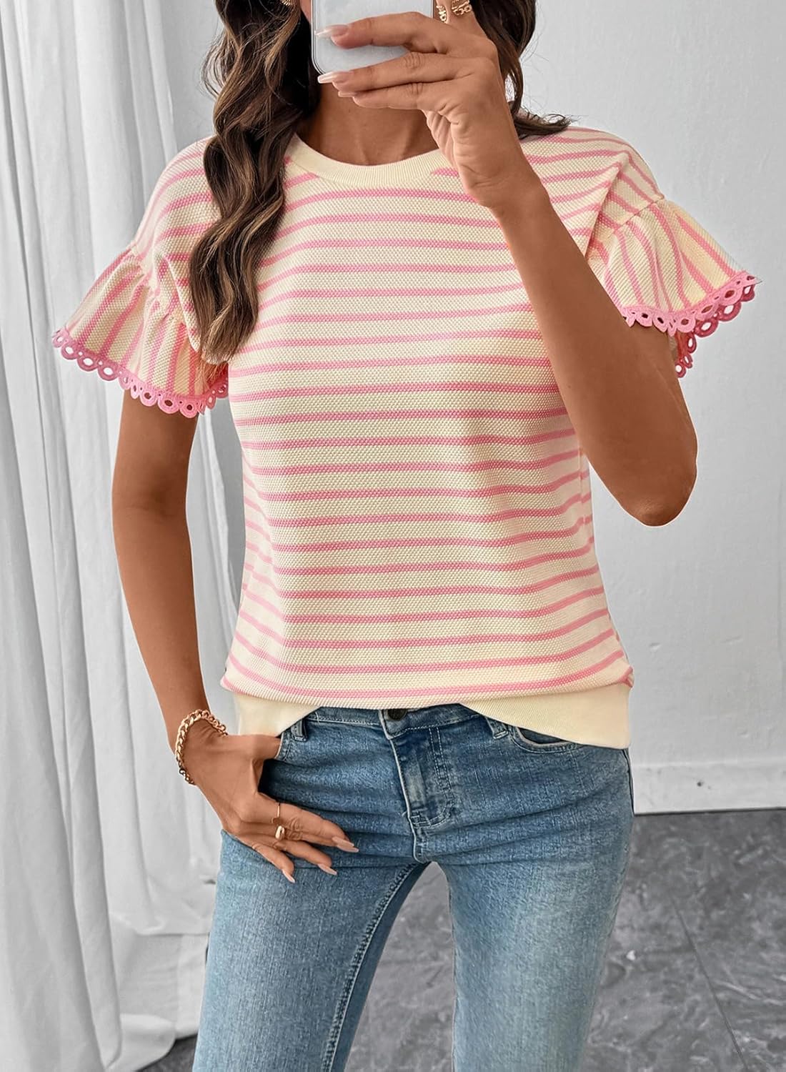 SHEWIN Women Summer Loose Fit Tops Trendy Rib Knit Stripe Shirt Business Dressy Casual 2026 - Image 4