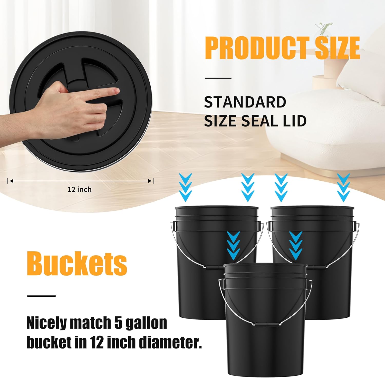 4 Pieces 5 Gallon Black Bucket Lids, 12inch Leak-proof Plastic Seal Screw Top Airtight Lids, Reusable Drum & Pail Seal Lid for Pet Food Storage, Home Paint Storage and Industrial Storage Buckets