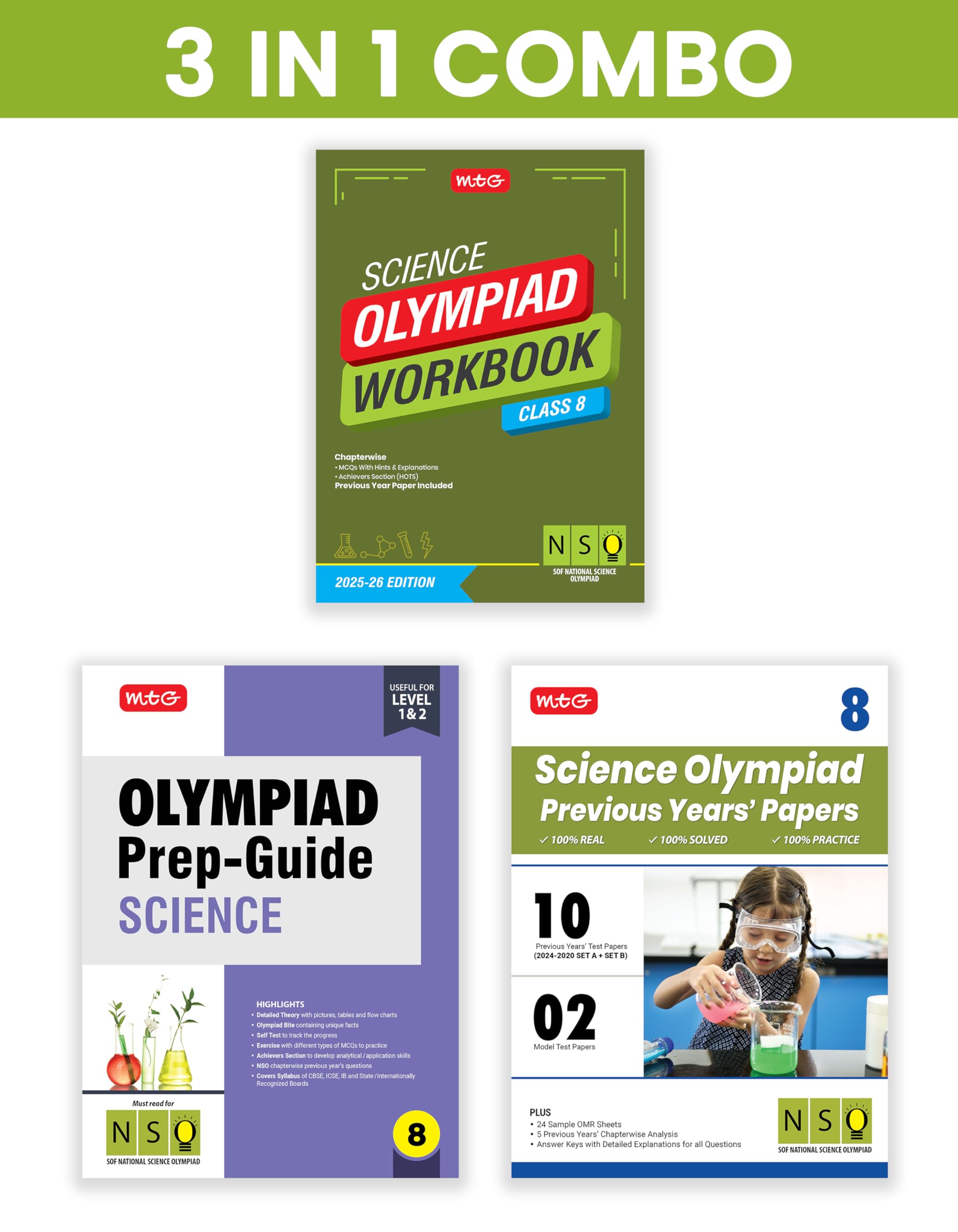 MTG Class-8 National Science Olympiad (NSO) Workbook, Prep-Guide & Previous Years Papers (PYQs) with Mock Test Paper (Set of 3 Books) - SOF Olympiad Books For 2025-26 Exam Paperback – 14 April 2025