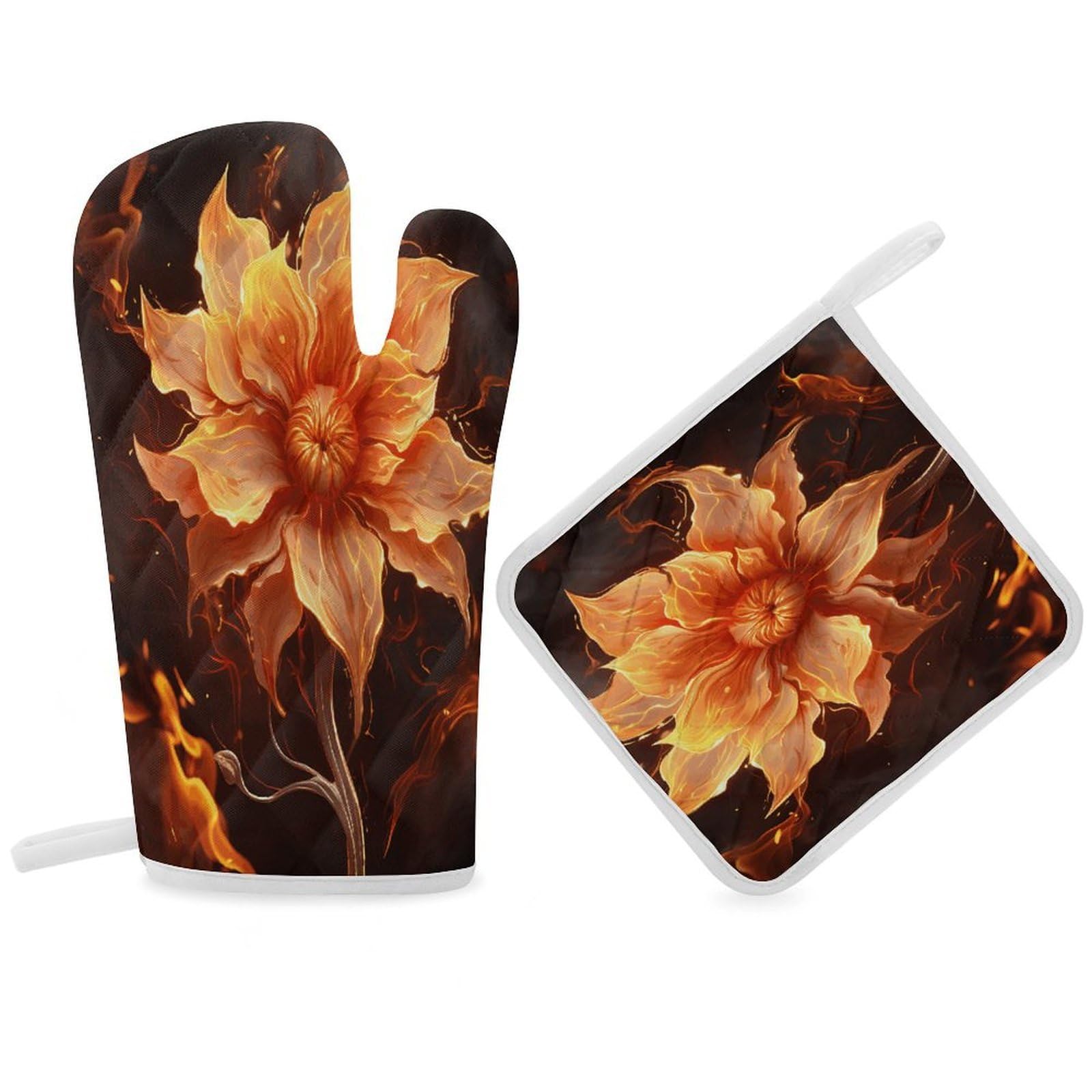Fodpand Women's Style Flame Flower Oven Mitts And Pot Holders Sets,Oven Gloves For Kitchen Oven Mitts And Potholders For Baking Cooking Grilling Apartment Essentials