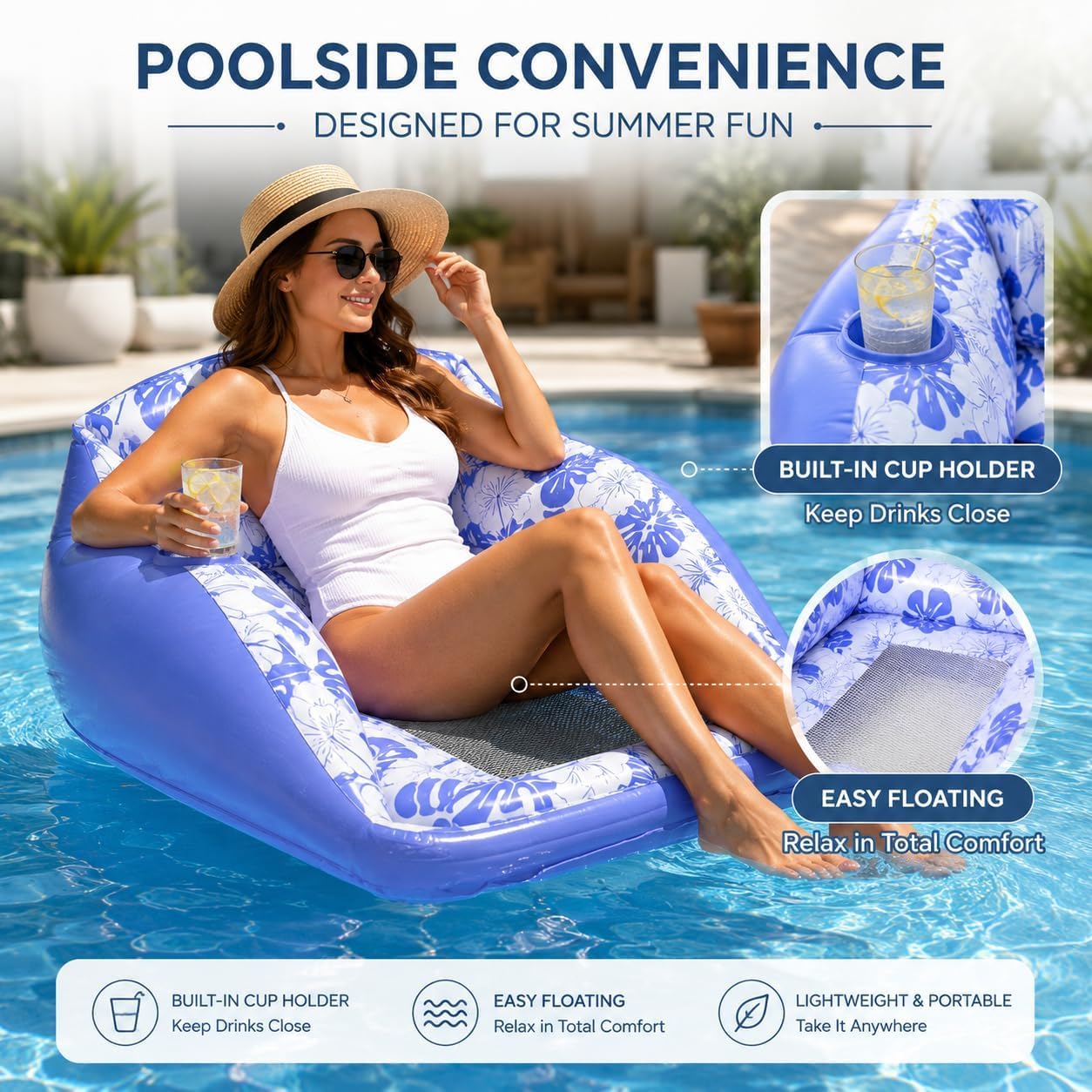 Sillón flotante inflable para piscina con asiento de malla y portavasos integrado – Sofá flotante de PVC con estampado tropical – Inflado rápido para piscinas y lagos (modelo individual)，verde