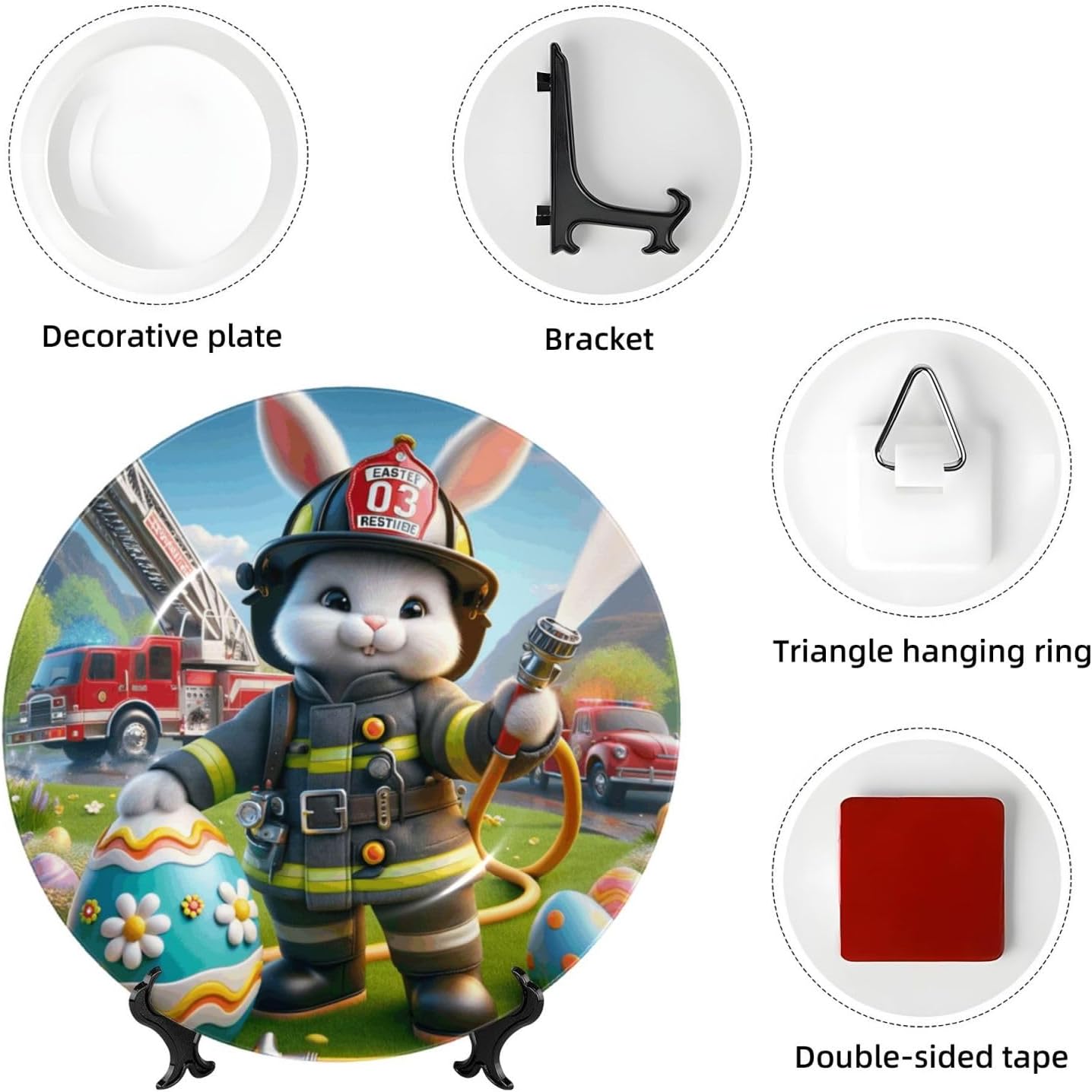 Easter-Rabbit-Firefighter-Eggs 10 Inch Decorative Plate With Stand, Elegant Display Wall Plate For Home Decor