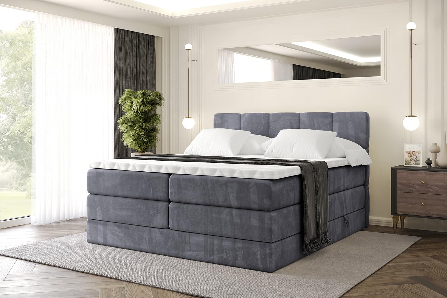 ALTDECOR Boxbett mit H3 H4 Matratze LIRO King - 180x200 - Dunkelgrau