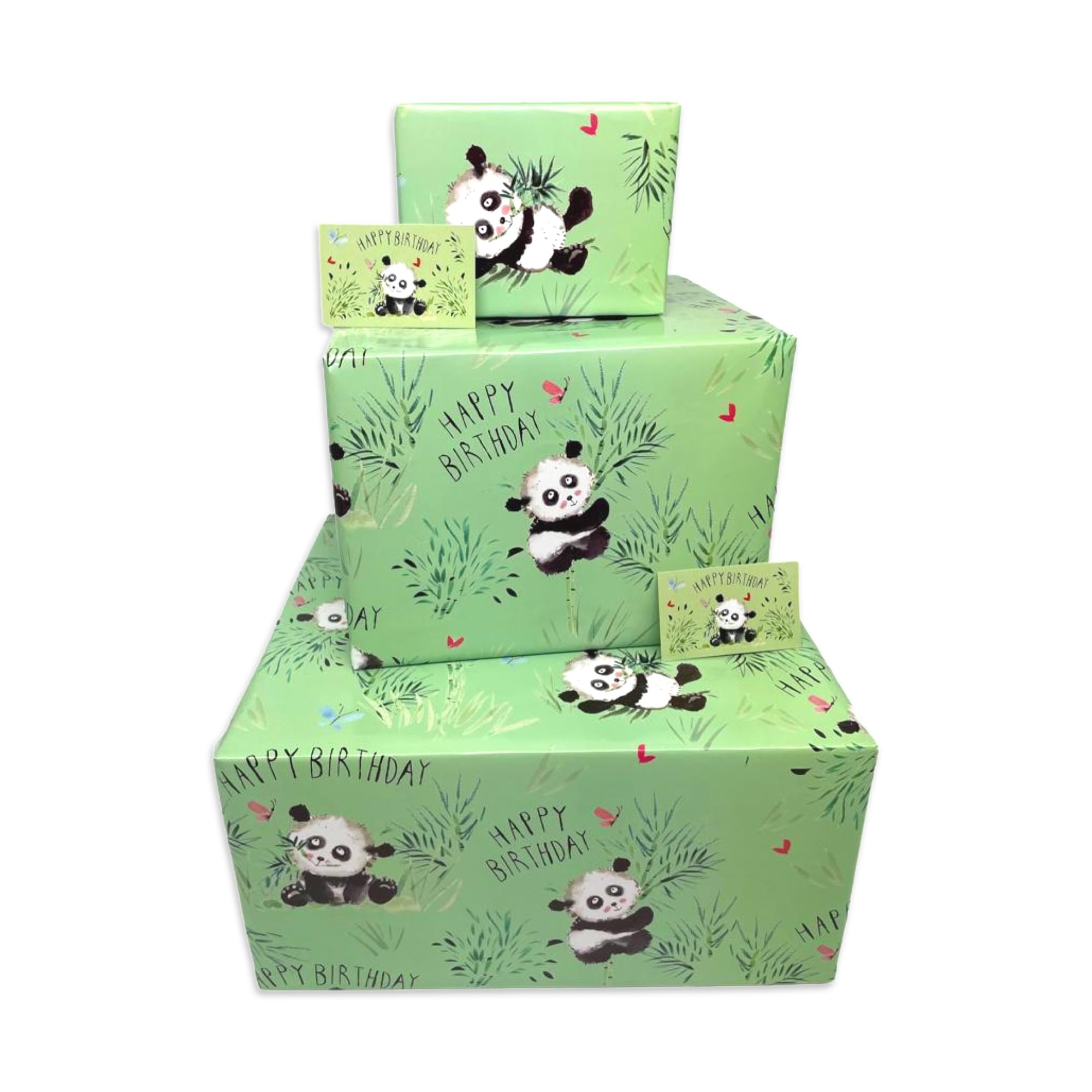 Twizler Happy Birthday Wrapping Paper & Birthday Card - Pandas - 2 Sheets & 2 Tags with Matching Card - 70cm x 50cm Folded Sheets - Cute Children's Gift Wrap for Girls or Boys