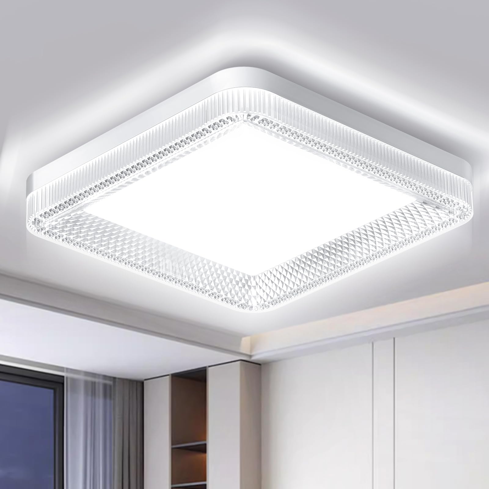48W LED Square Ceiling Light, 6500K Daylight Crystal-like LED Flush Mount Bathroom Lighting Fixture, 4800LM IP44 Waterproof Flat Modern Ceiling Lamp, AC 85-265V Kitchen Light for Office, Bedroom