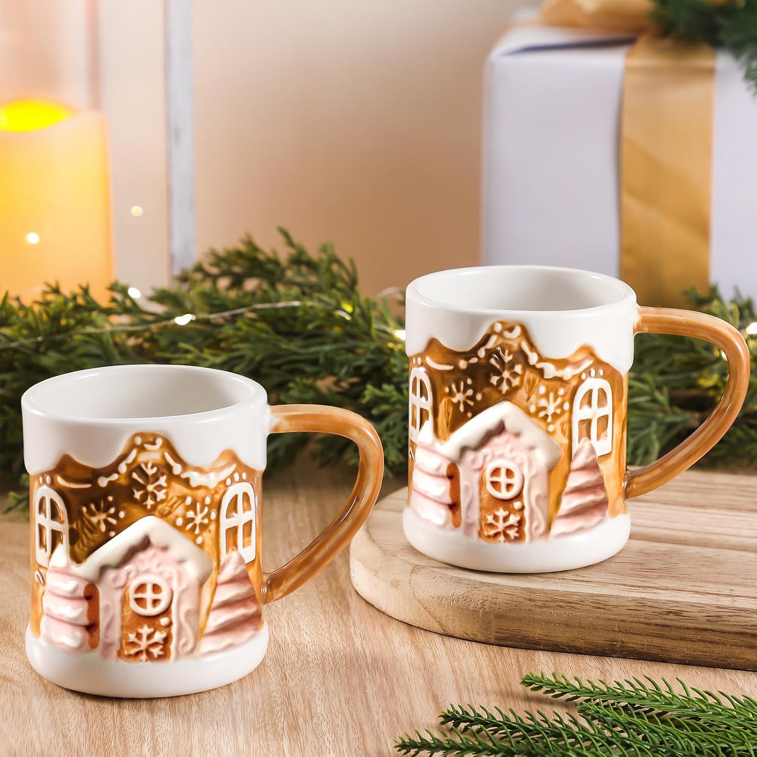 2 Pack Christmas Gingerbread House Ceramic Coffee Mug 11.8 oz Cute Christmas Coffee Cup Holiday Gift for Centerpieces Decorations Housewarming Women Men Gifts Milk Cocoa Tea Latte