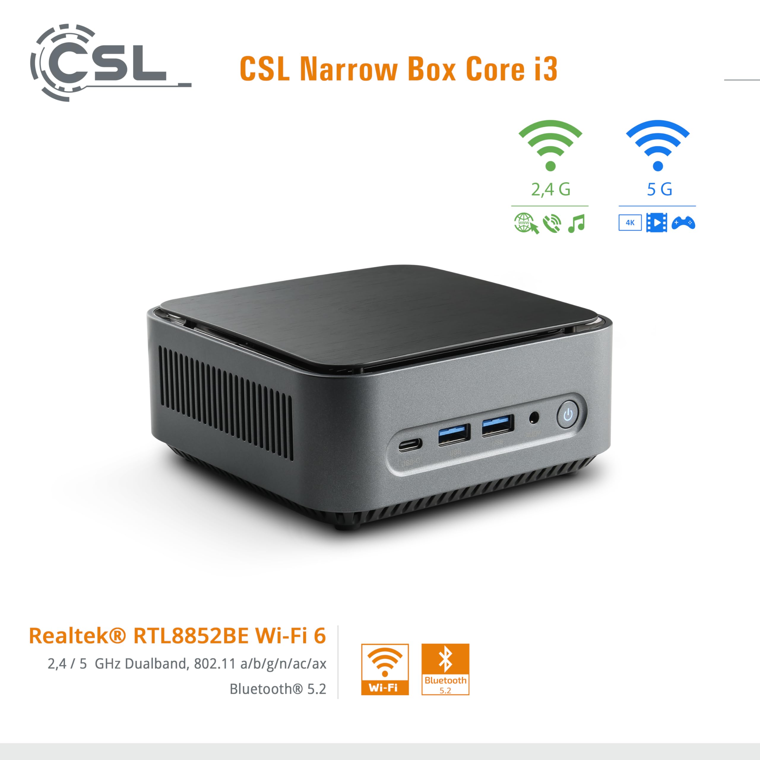 Mini PC CSL Narrow Box Core i3 Windows 11 Pro, Intel Core i3-N305 8X 3800MHz Turbo Clock, 2000GB M.2 SSD, 32GB DDR4-RAM, Intel UHD Graphics, HDMI 2, USB 3.2, BT 5.2, DisplayPort, Dual WLAN