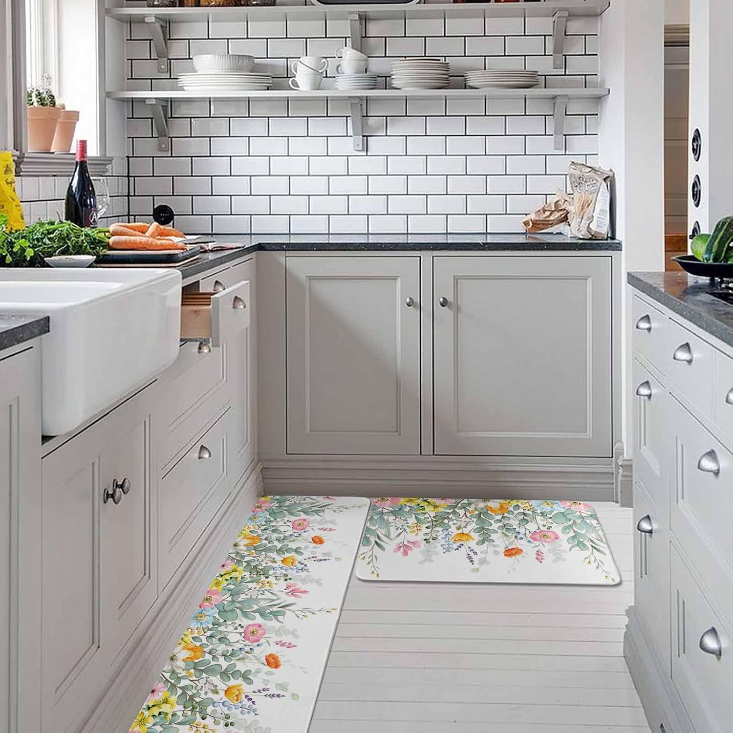 Eucalyptus Leaves Floral Kitchen Rugs and Mats Set of 2, Non-Slip Kitchen Sink Mat, Spring Botanical Flowers Vines Washable Doormat Bathroom Rugs Runner for Bedroom/Living Room 17.7"x30"+17.7"x59"