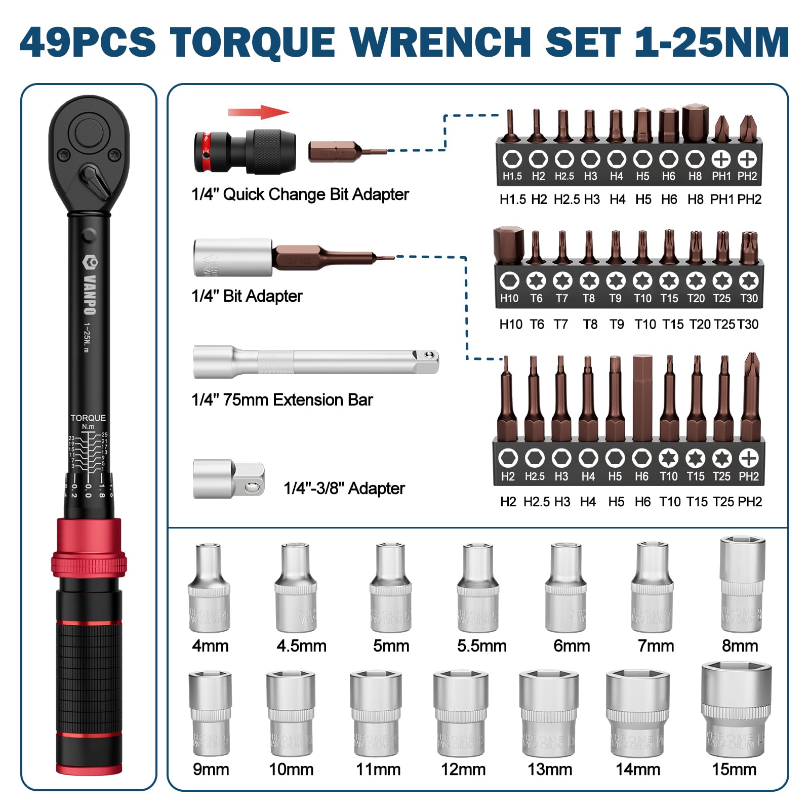 VANPO Clé Dynamométrique 1/4'', 1-25Nm pour Vélo, Précision ±3%, Kit D'entretien 49 Pièces avec Douilles Allen, Barre D'extension 75mm, Adaptateur 3/8'', Bits Adaptateur - 3