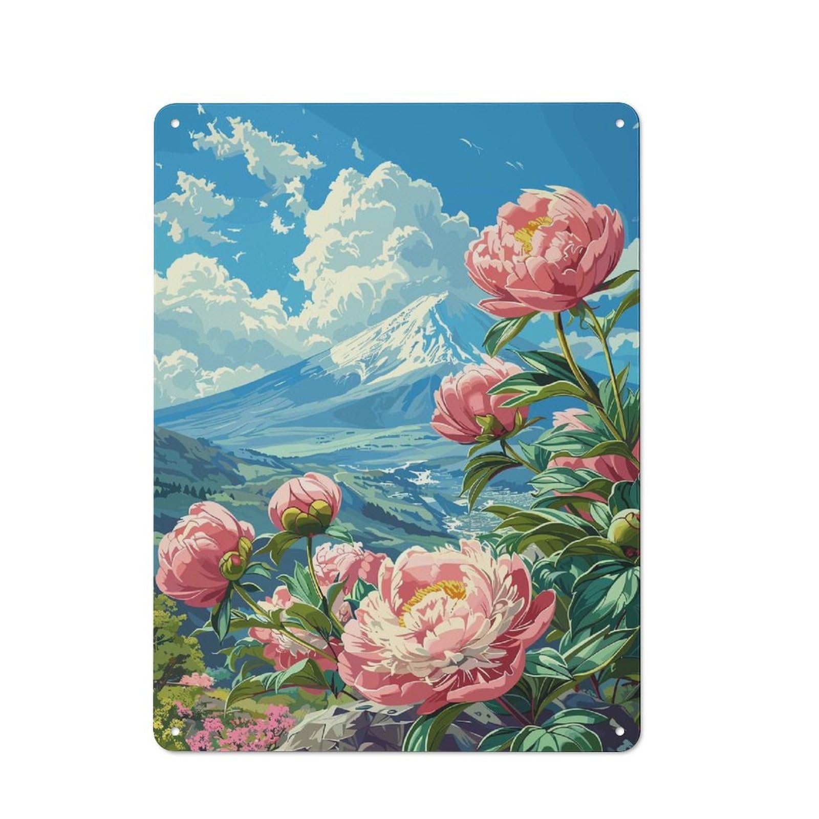 Understated Mount Fuji Peony View Metal Wall Plaque 40x30cm, Creative Space Decor for Office, Study, Studio Or Hallway