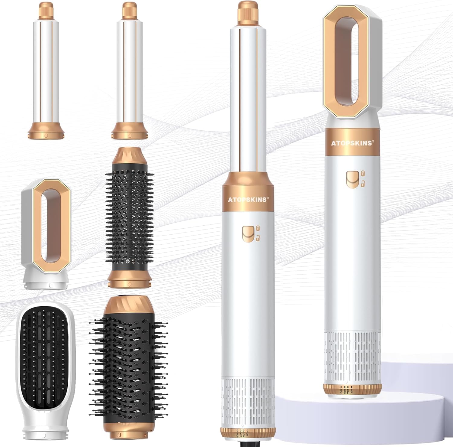 Atopskins hairstyler 6 in 1 Air Styler set mit 1000W Haartrockner, Lockenstab, Warmluftbürste, Föhnbürste, Rundbürstenföhn, Glättbürste, Geben Sie dem Haar Volumen, Glätten, Locken und Föhnen