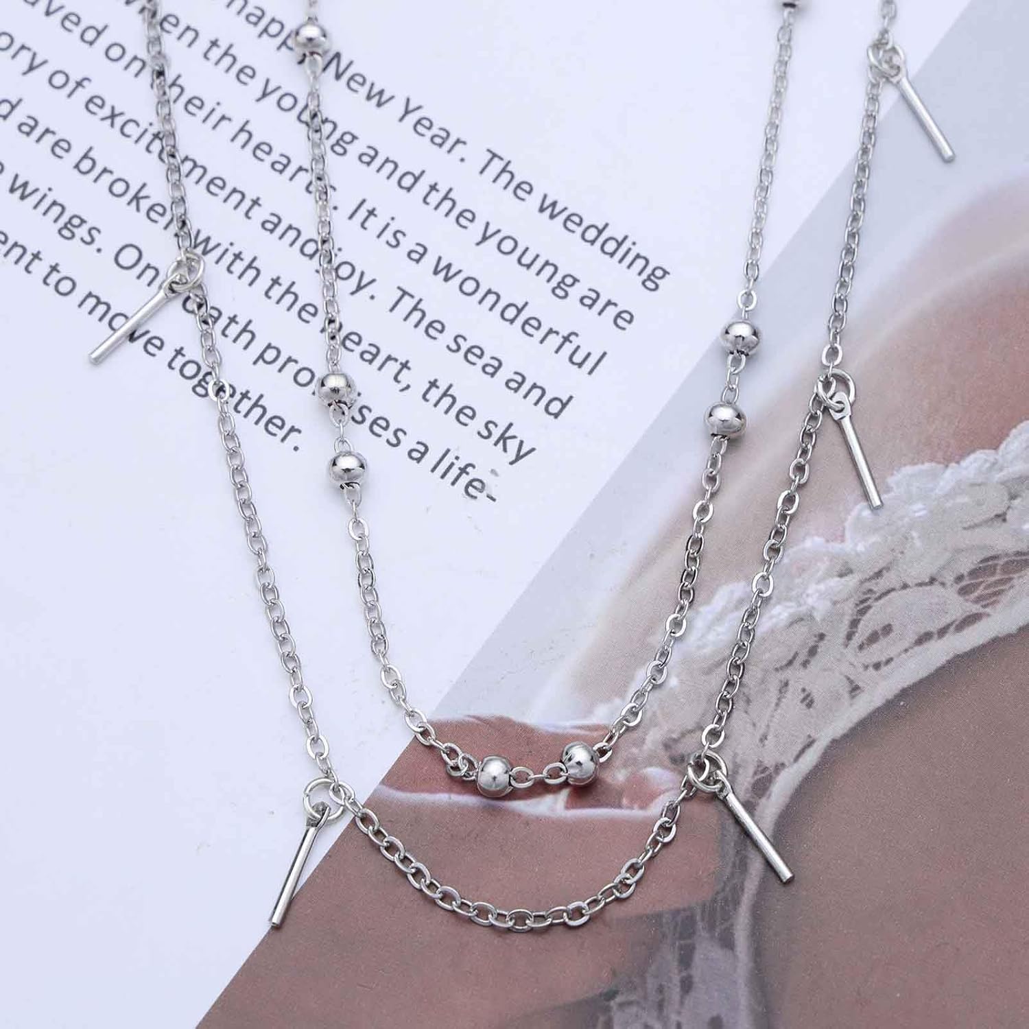 Boho Layered Satellite Chain Necklace Choker Tiny Bar Dangle Necklace Mini Metal Bar Pendant Necklace Vintage Beaded Chain Necklace Jewelry for Women(Gold) - Image 5