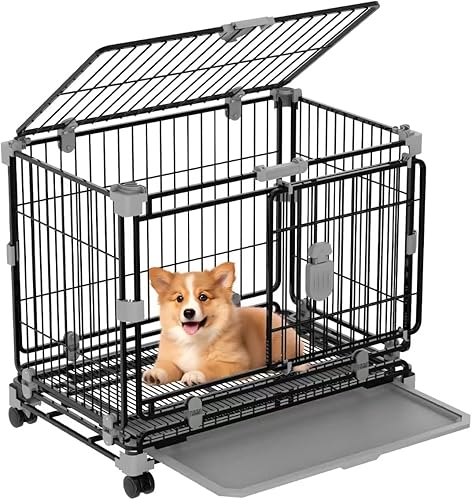 Jaula de perro de 24 pulgadas para perros pequeños, perrera de doble puerta con bandejas extraíbles y ruedas con cerradura, jaula de metal a prueba