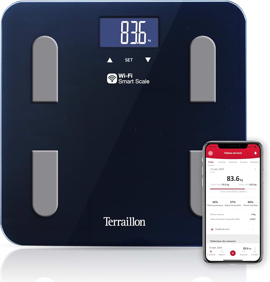 TERRAILLON - FIT COACH - Balance connectée WiFi, Impédancemètre, Analyse des masses graisseuse, musculaire, hydrique, osseuse et viscérale, IMC, Ecran LCD, Capacité 180 kg, Plateau verre, Noir