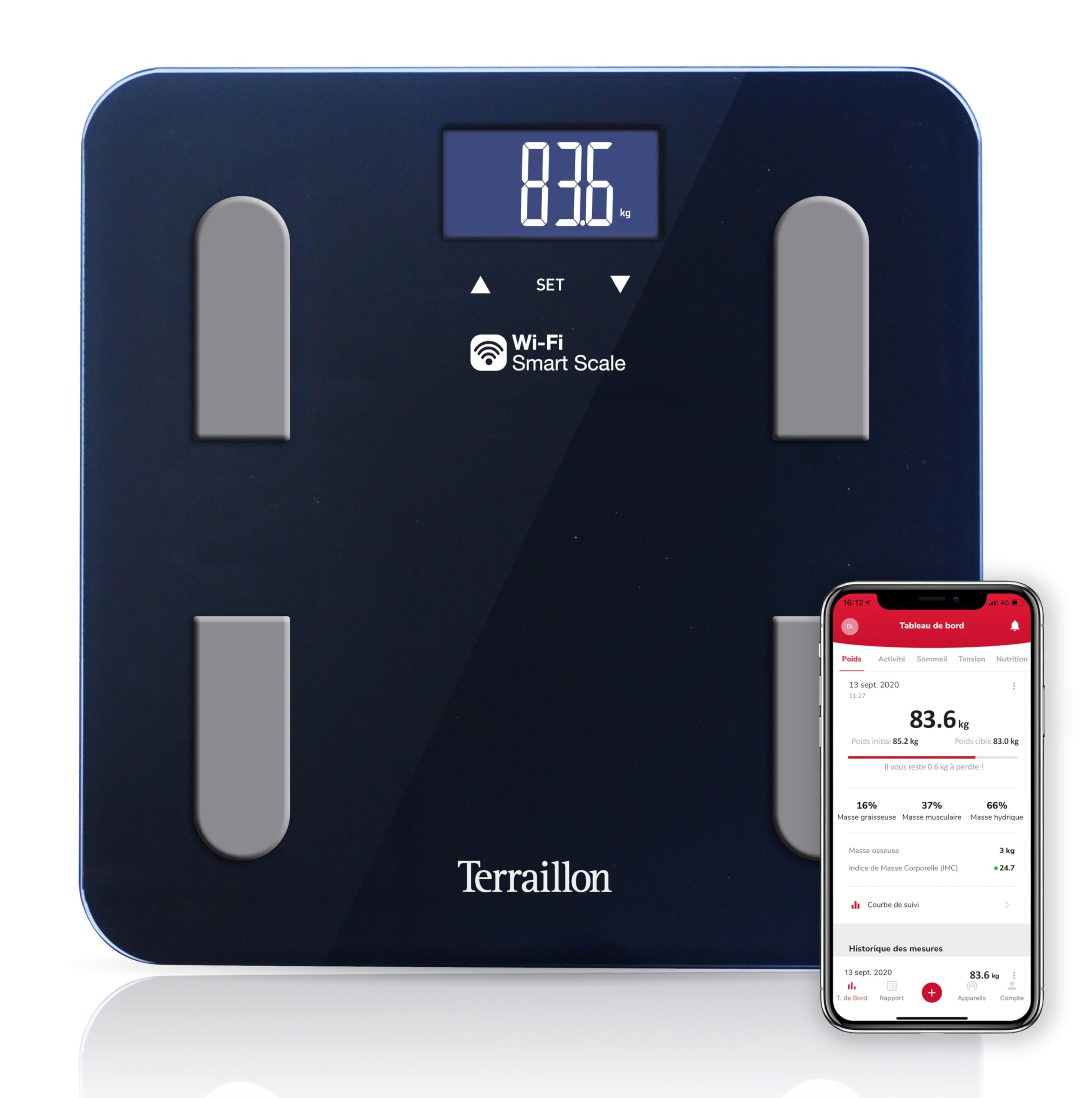 TERRAILLON Balance Pese personne Connectée Wifi FIT COACH | App Smartphone, Analyse Corporelle (IMC, graisse, musculaire, hydrique), Capacité 180 kg, Graduation 100g, Plateau 30x30 cm