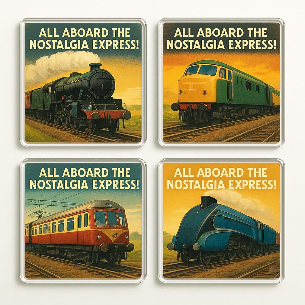 The Plum Penguin Nostalgia Express Acrylic Coaster Gift Set Of 4 With Vintage Railway Design - Decor For Train Enthusiast Grandad's Home