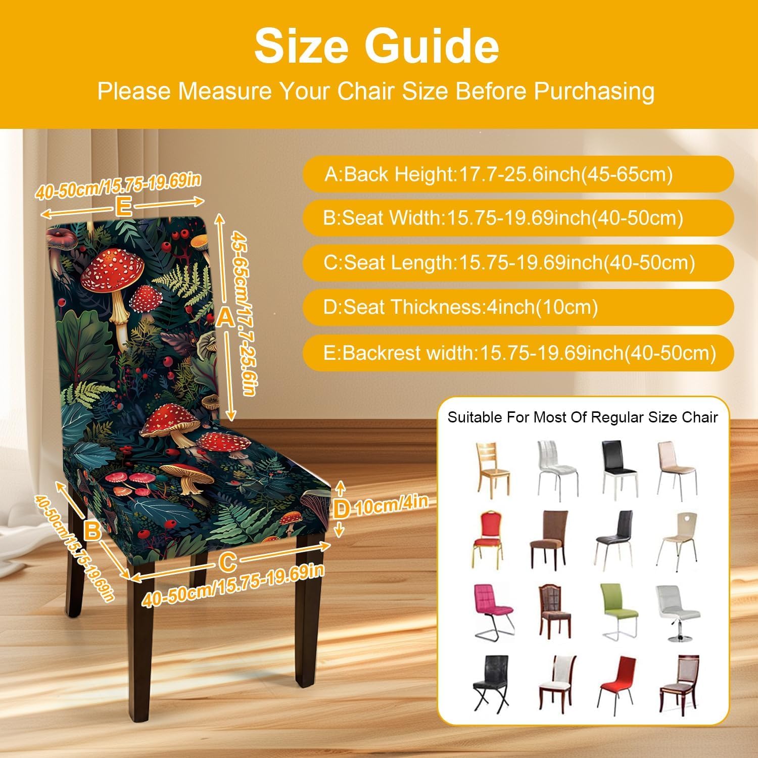 Mushroom Dining Chair Covers Set of 4, Stretch Spandex Chair Slipcovers with Fantasy Forest Toadstool Print, Removable Washable Seat Covers for Kitchen & Dining Room Decor