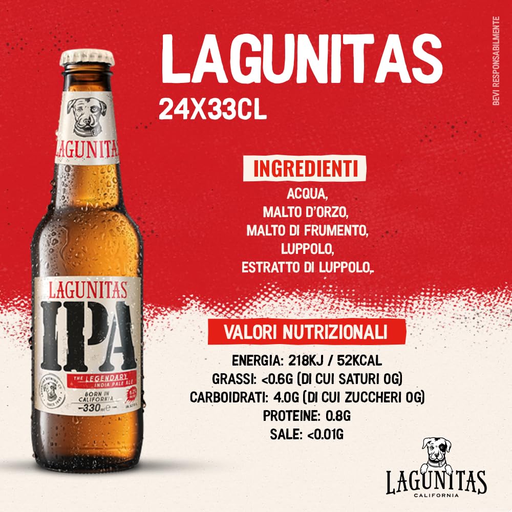 Birra Lagunitas IPA, Cassa con 24 Bottiglie da 33cl, Birra IPA ad Alta Fermentazione, Gusto Connotato da un Mix Pulito di Agrumi Rinfrescanti, Caramello Dolce e un Gradevole Amaro, Gradazione 6,2% Vol