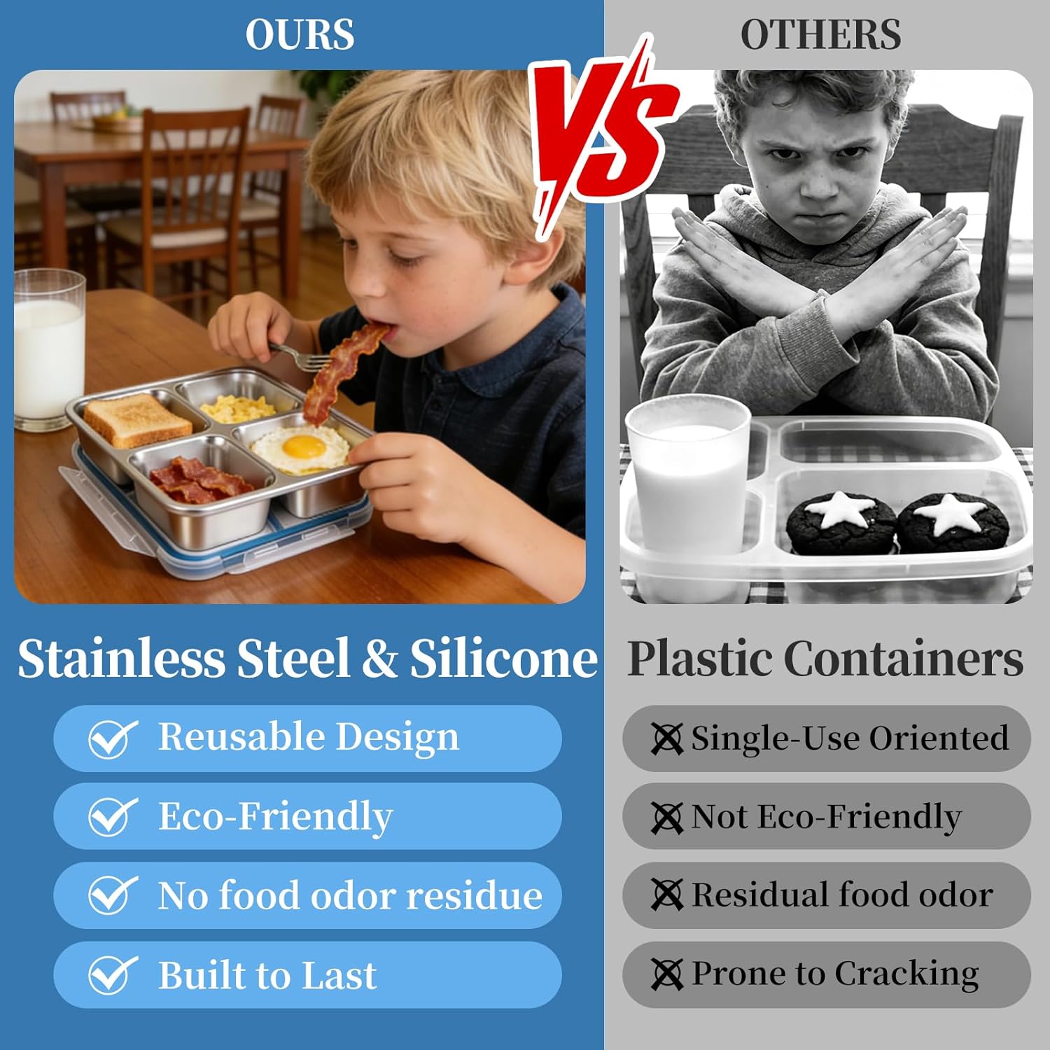 2 Pack Stainless Steel Snack Containers, Leakproof 4 Compartment Meal Prep Containers with Lids, Reusable Metal Bento Box for Adults Office Travel Gym Lunch Box for Work Dishwasher Safe - Image 7