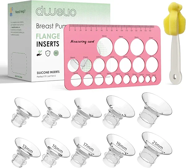 Dwelio Flange Sizing Kit with 10PCS Silicone Flange Inserts 13/15/17/19/21mm & Nipple Measurement Tool & Cleaning Brush, Breast Pump Flange Insert Kit for 24mm Most Pumps, Breastfeeding Essentials