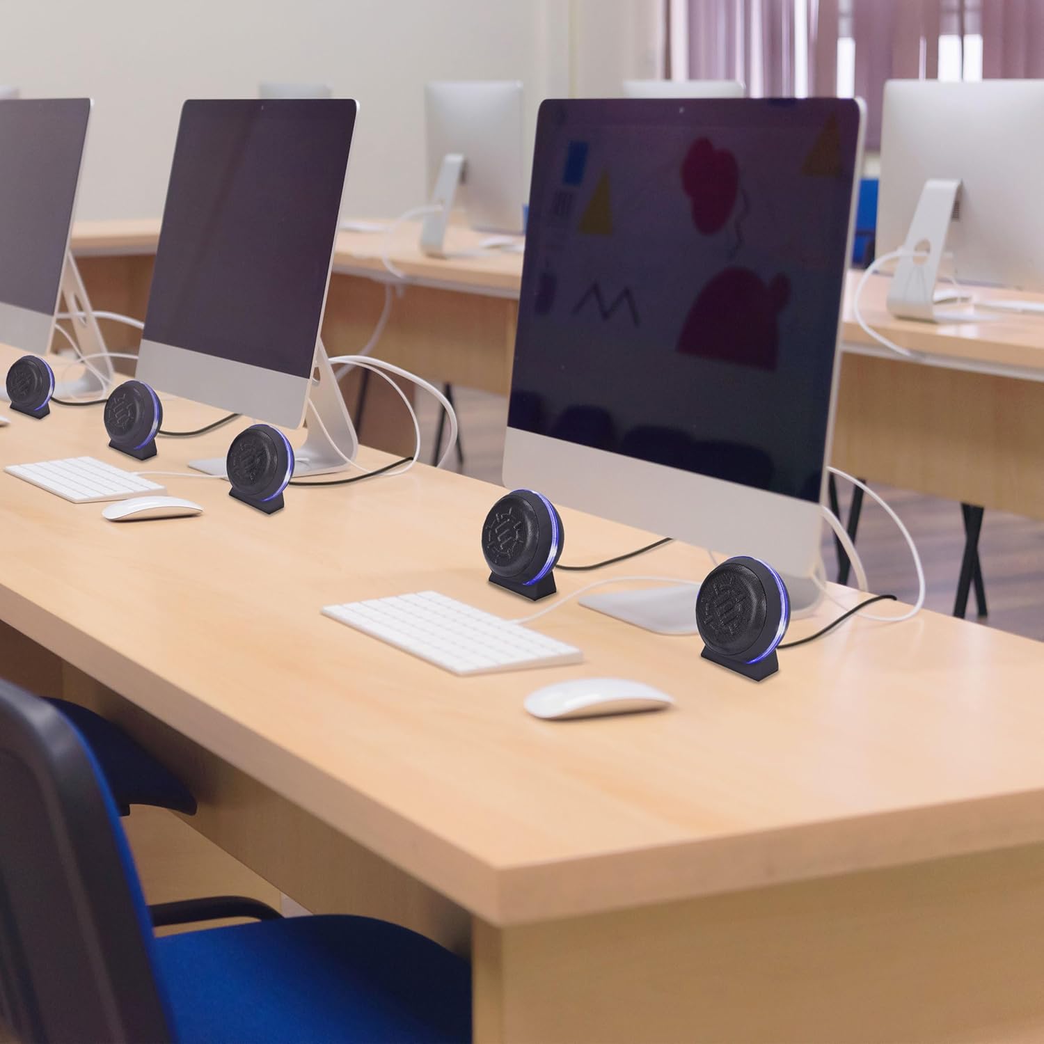 ENHANCE SL2 USB Classroom Speakers — 2.0 Stereo Sound System, 3.5mm Input, in-Line Volume Control, Compact for Desks, Laptops & Chromebooks — Perfect for School Labs & Classrooms (Blue LEDs)