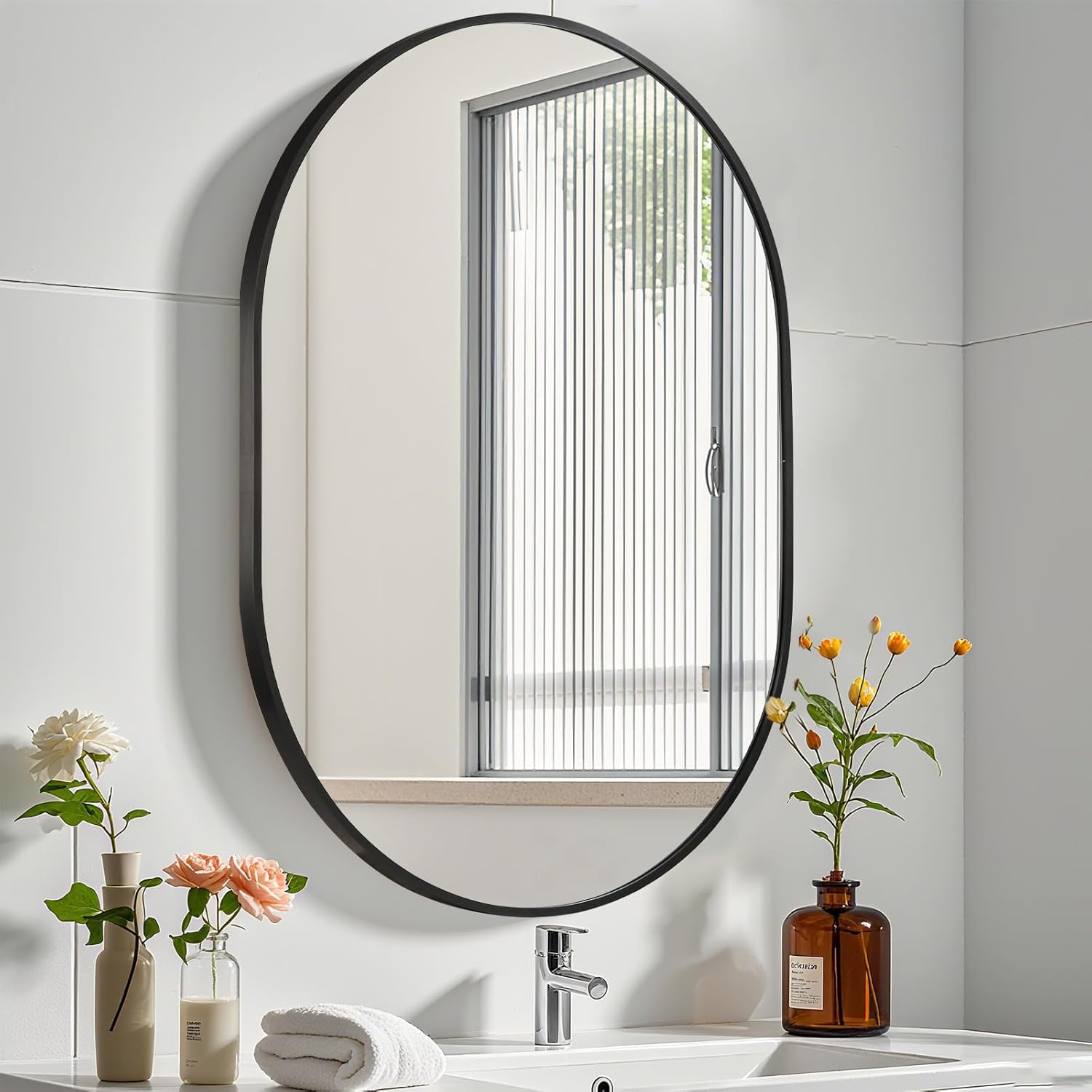 Black Oval Mirror, 24x36 Inch Pill Shaped Metal Frame Mirror, Oval Bathroom Mirrors for Over Sink, Wall-Mounted Mirrors for Hallway,Living Room, Fireplace Black 24"L x 36"W