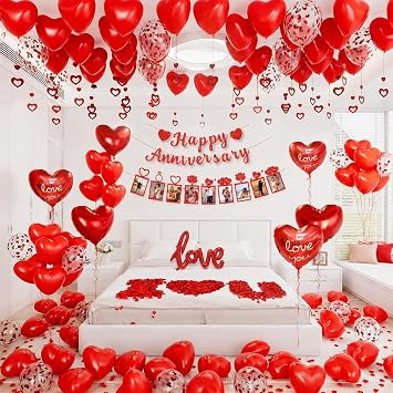CboDeco Happy Anniversary Decorations Kit with Balloons, Happy Anniversary Banner, Red Heart Balloon, Photo Banner, Rose Petals, Valentines Balloons for Wedding, Valentines Day