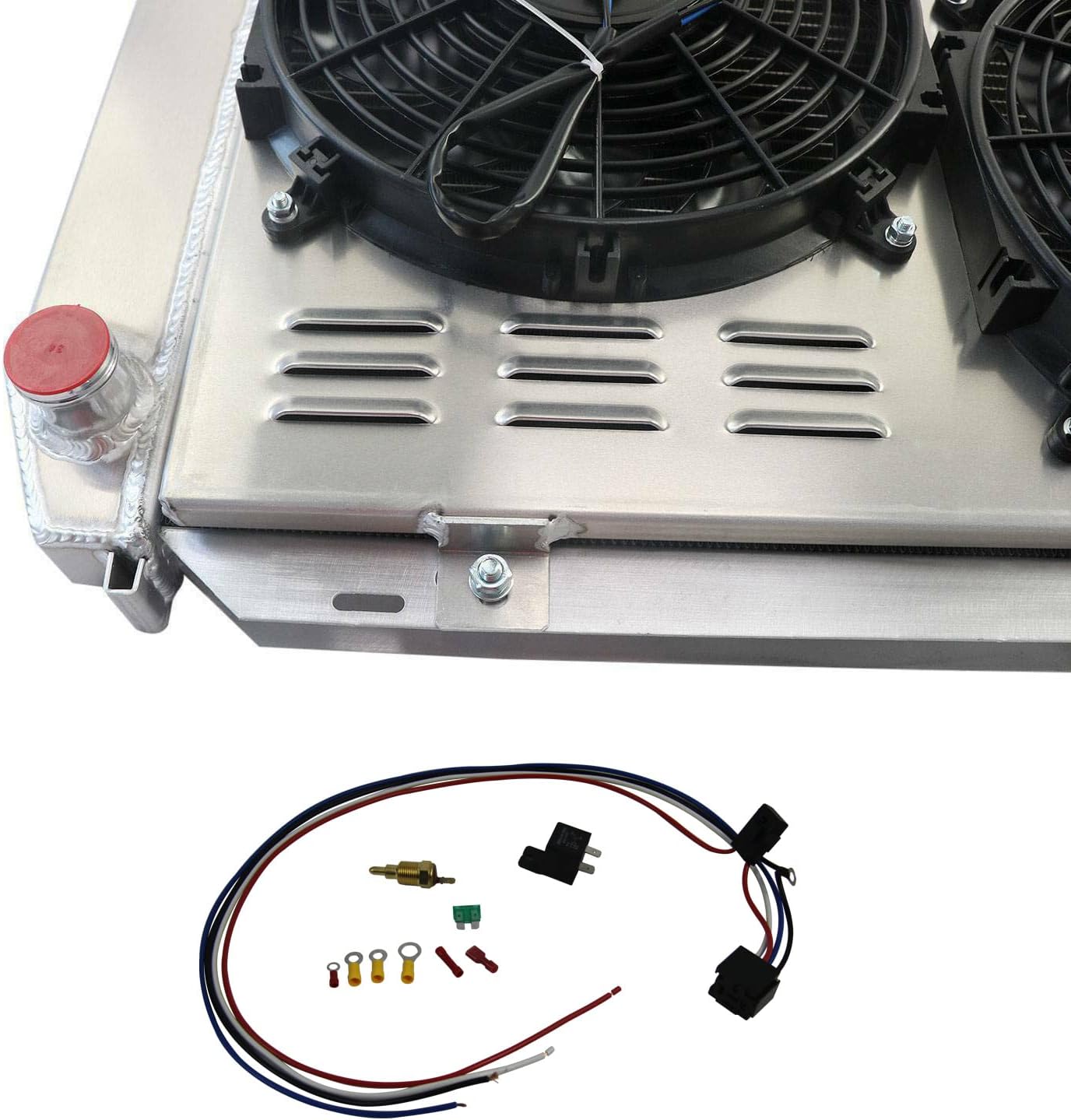 4 Row Core Radiator For 1979-1993 Ford Mustang GT/LX Foxbody 5.0L V8 AT/MT for Lincoln Continental Mark VII/Mercury Cougar 80 83 85 87 92 Aluminum Radiator Shroud 12"Fan Relay Kit