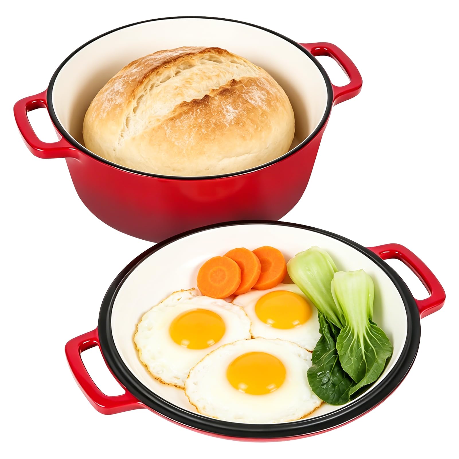 Gusseisen Topf Brot Backen, 5,7L Bräter Emaille Schmortopf mit Deckel und Griffen, 26 cm Dutch Oven, Brotbacktopf für Selbstgemachte mit Zwei-in-Eins-Emaillebeschichtung
