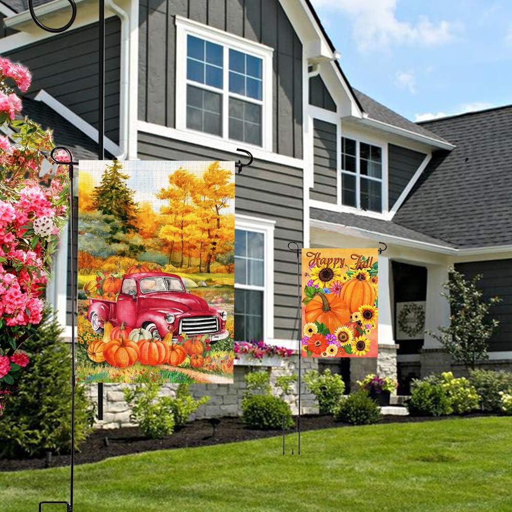 Bonsai Tree 2 Pack Fall Garden Flag, Double Sided Happy Fall Pumpkins Sunflowers Burlap House Flags 12x18 Prime, Autumn Leaves Harvest Farm Red Truck Welcome Yard Signs Farmhouse Home Outdoor Decor