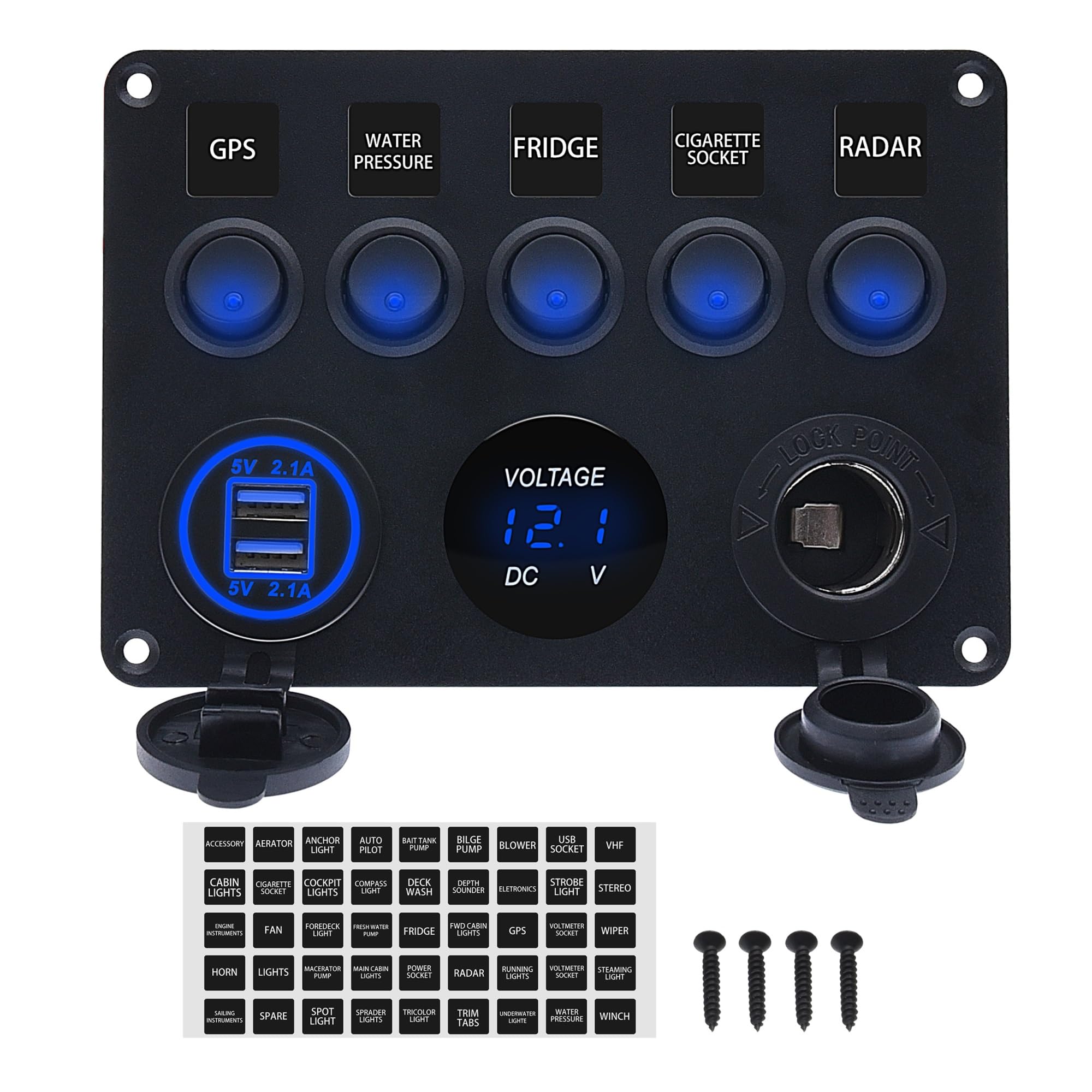 Panel przełączników Led z podwójnym portem USB 12V woltomierz cyfrowy przełączniki sterujące dla samochodów morskich łódź przyczepa kempingowa Camper RV akcesoria (Color : Blue)