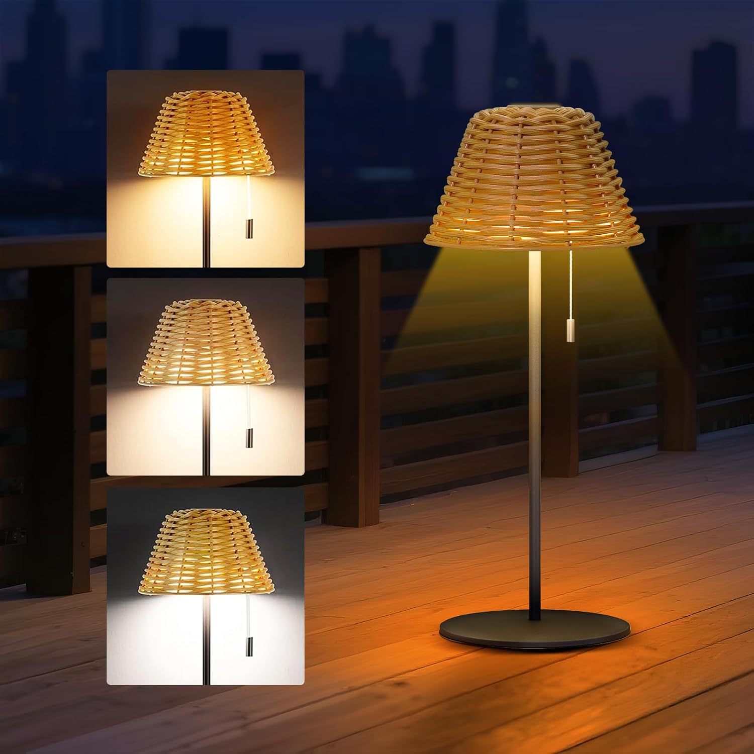 Rattan Table Lamp, Dimmable USB Rechargeable Cordless, IP44 Waterproof Portable Rattan Lamp, Stepless Dimming Desk Lamp with Pull Chain for Outdoor Patio Living Room Bedroom