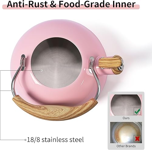 Miniatura 2 de LONFFERY Tea Kettle, 2.5 Quart Whistling Tea Kettle, Tea Pots for Stove Top Food Grade Stainless Steel with Wood Pattern Folding Handle - Pink