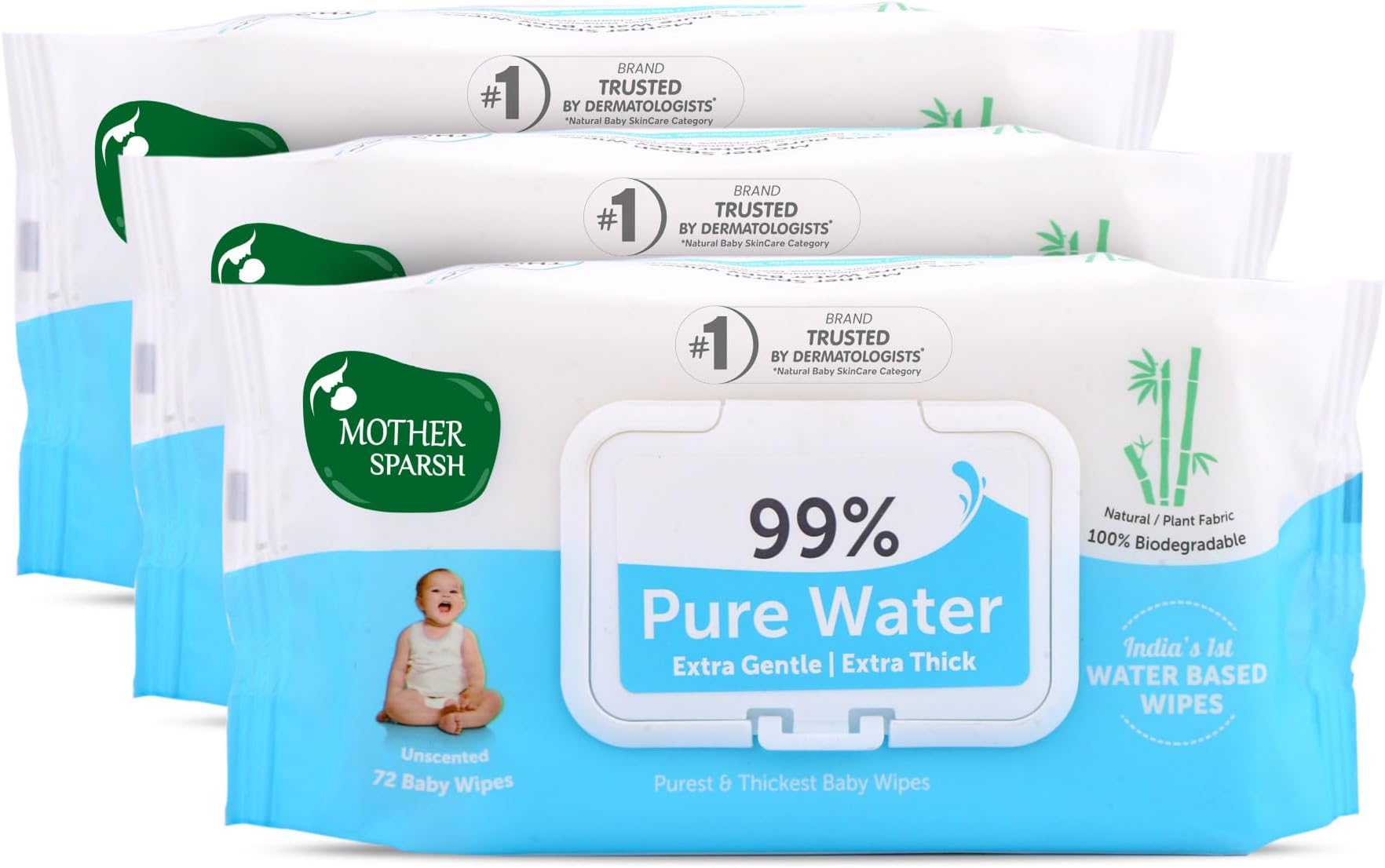 Mother Sparsh 99% Pure Water (Unscented) Baby Wipes I Natural Plant Made Cloth - Super Thick I 72 pcs/Pack - Pack of 3