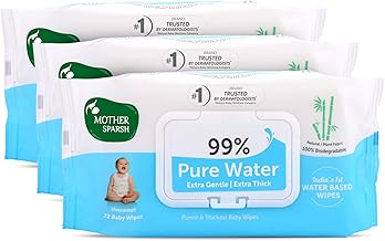 Mother Sparsh 99% Pure Water (Unscented) Baby Wipes I Natural Plant Made Cloth - Super Thick I 72pcs/Pack - Pack Of 3