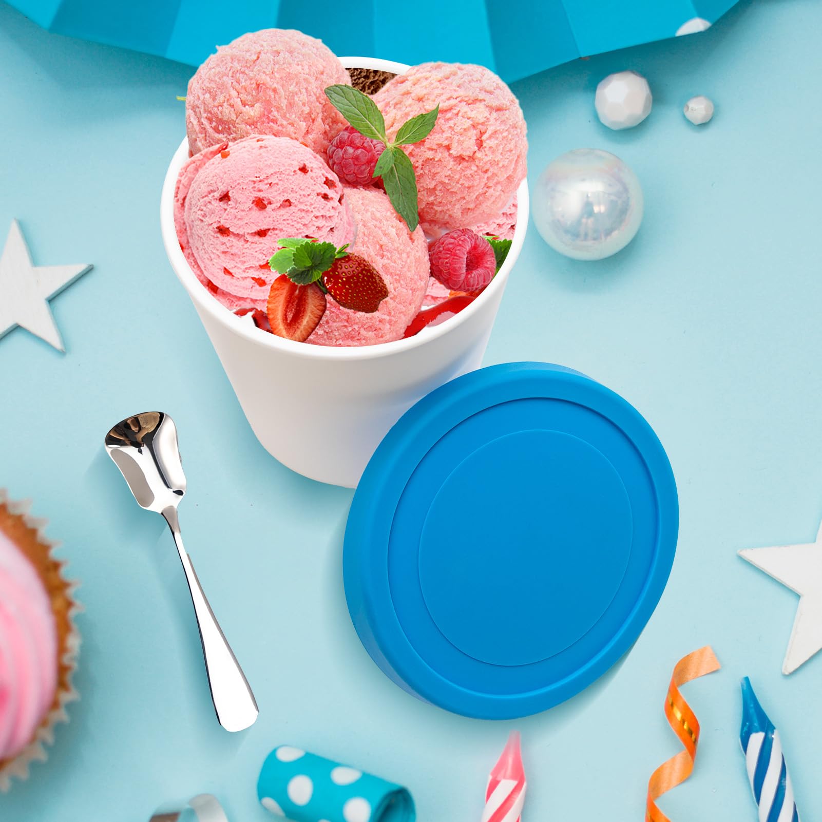 Belle&Beau Zestaw 4 pojemników na lody (po 1 kwarta) z silikonowymi pokrywkami, idealny do domowych lodów, sorbetów i lodów, nadaje się do mycia w zmywarce, zawiera 2 ścieralne markery, 1 miarkę i 1