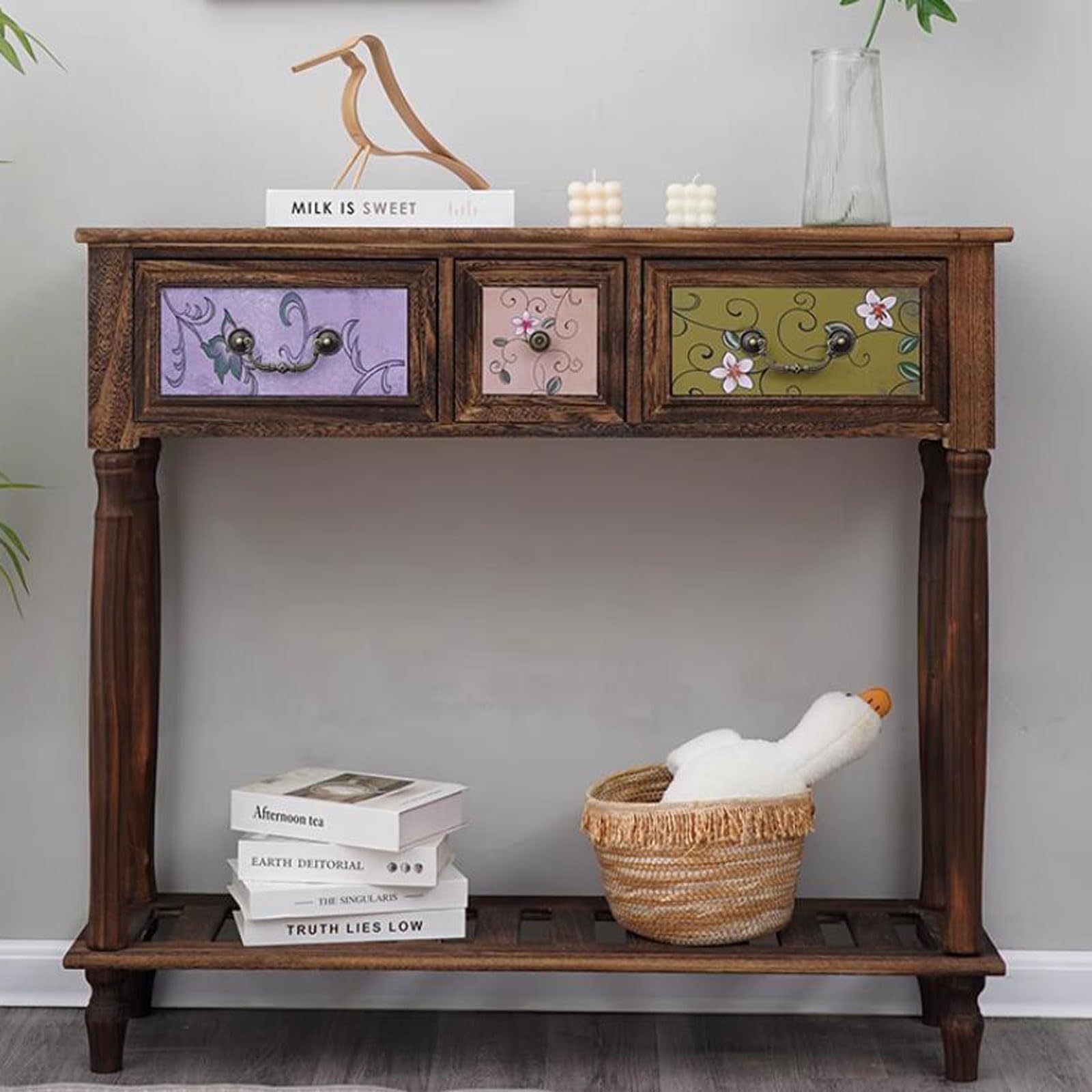 Consola de Entrada con 3 cajones, Cómoda de Madera Maciza con estantes, Mesa de recibidor, Mueble de almacenaje, Mesa Auxiliar para sofá, Mueble Bar